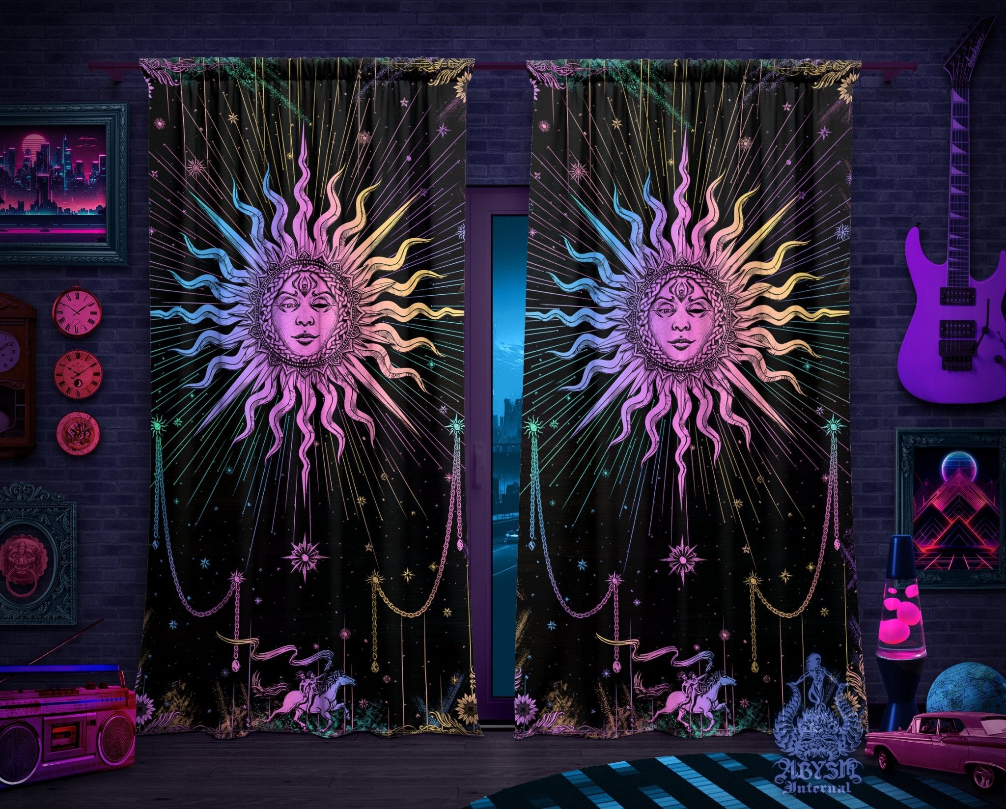 Pastel Sun Curtains, 50x84' Printed Window Panels, Colorful Indie Home Decor, Tarot Arcana, Esoteric Art Print - Dark Pastel - Abysm Internal