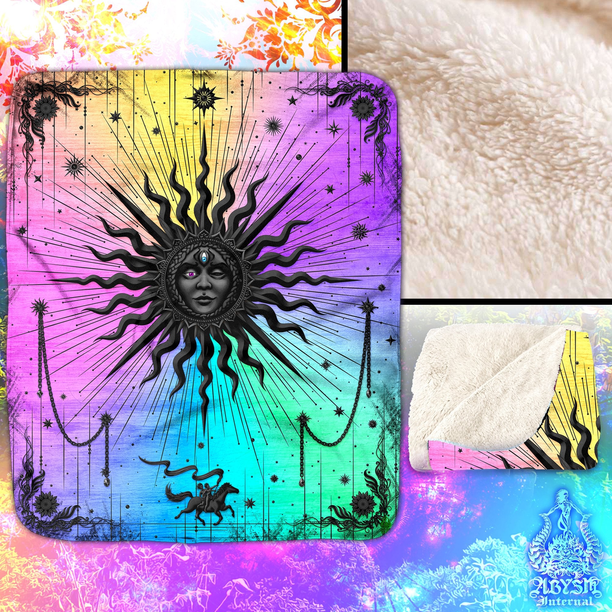 Pastel Sun Sherpa Fleece Throw Blanket, Psychedelic Esoteric Room, Trippy Tarot Arcana Art, Boho & Indie Home Decor, Fortune Gift - Black - Abysm Internal