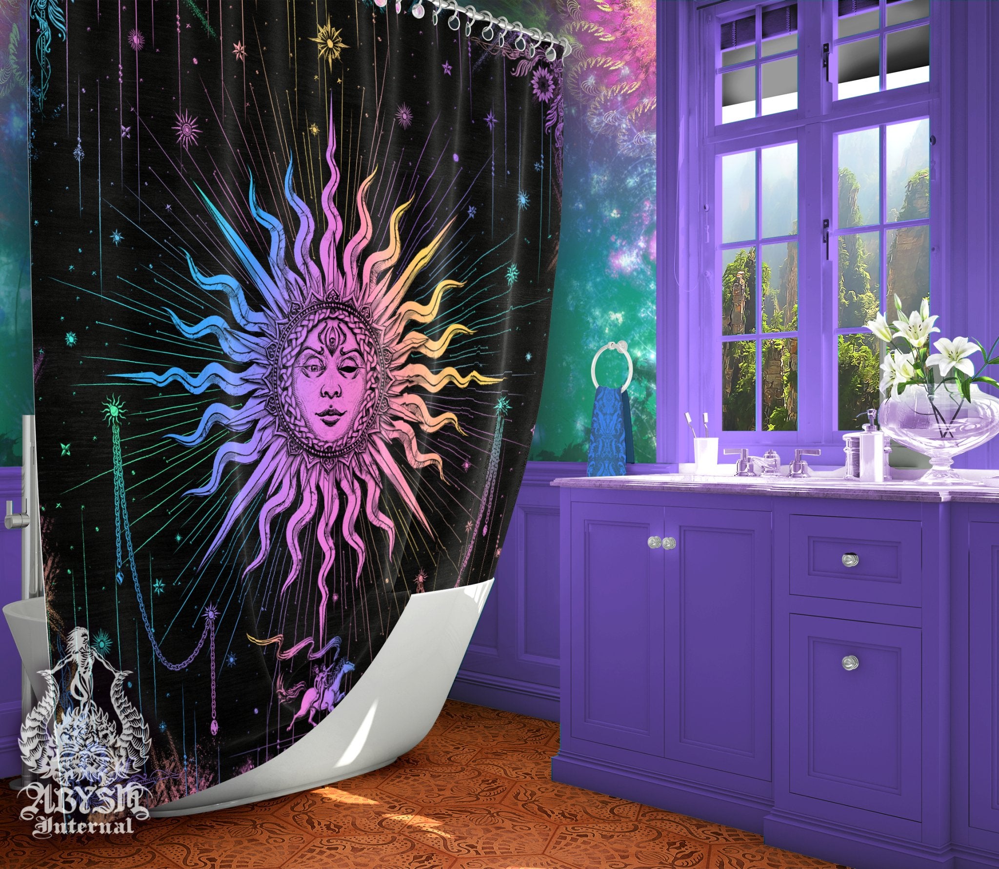 Pastel Sun Shower Curtain, 71x74 inches, Trippy Bathroom Decor, Tarot Arcana, Esoteric Art Print, Boho Home - Dark - Abysm Internal