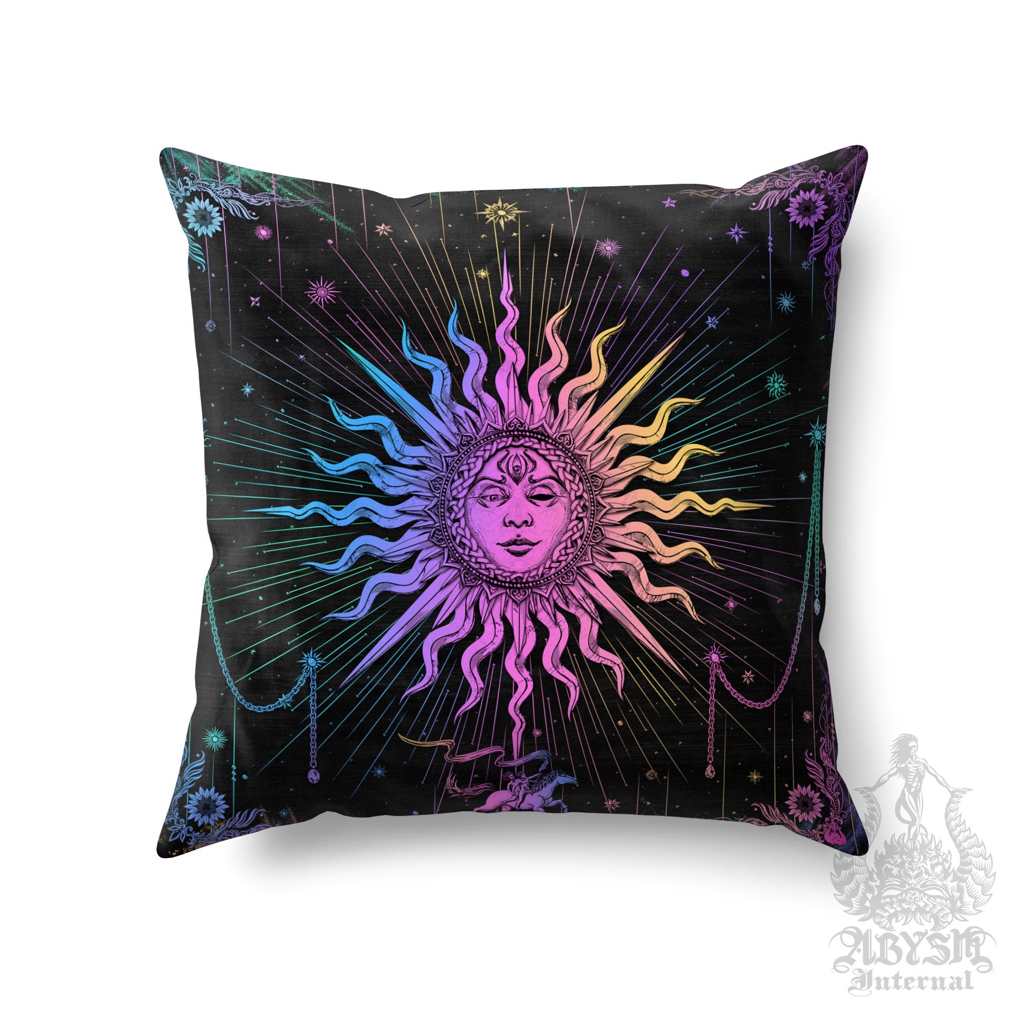 Pastel Sun Throw Pillow, Decorative Accent Pillow, Square Cushion Cover, Trippy Arcana Tarot Art, Boho Home, Magic & Fortune Room Decor - Dark - Abysm Internal