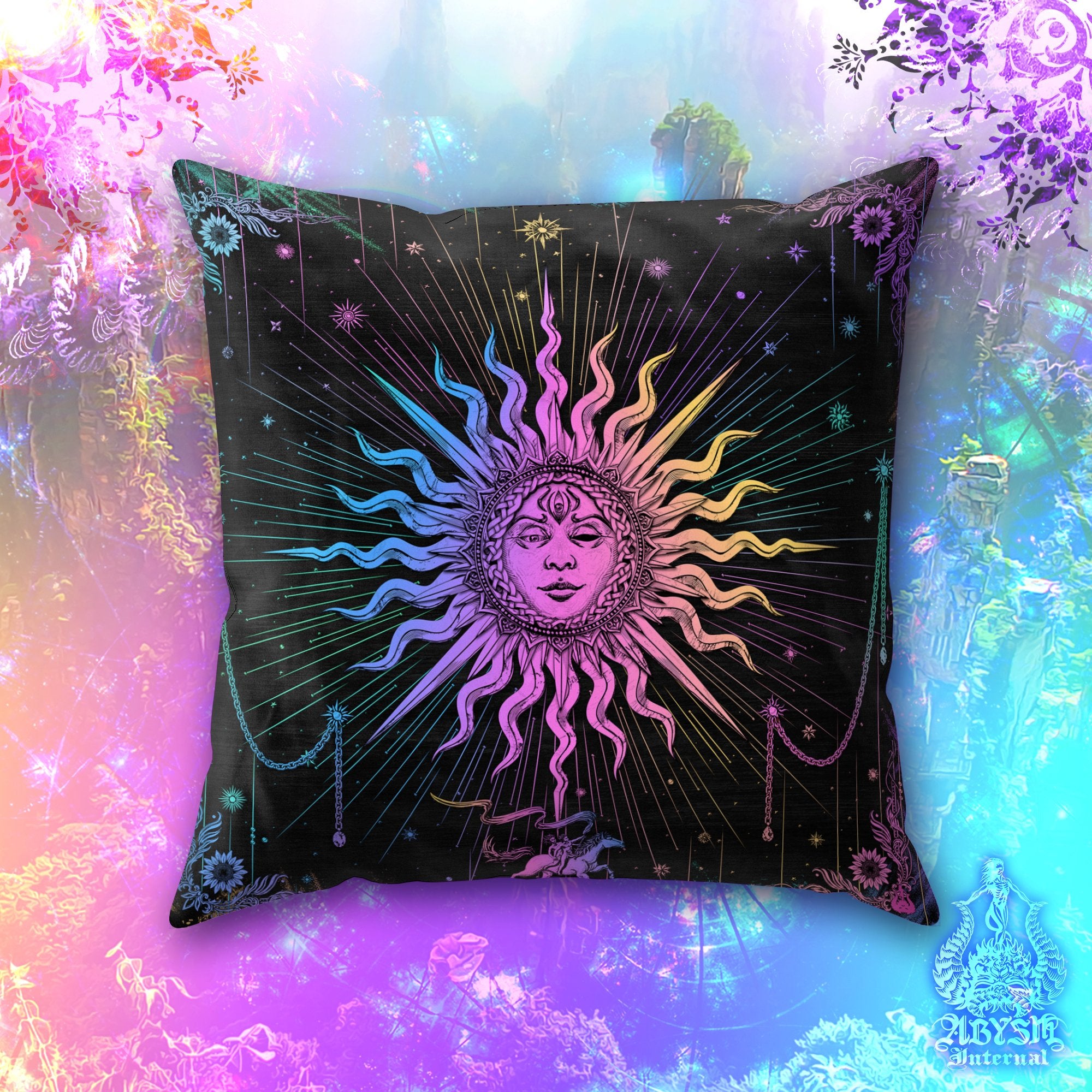 Pastel Sun Throw Pillow, Decorative Accent Pillow, Square Cushion Cover, Trippy Arcana Tarot Art, Boho Home, Magic & Fortune Room Decor - Dark - Abysm Internal