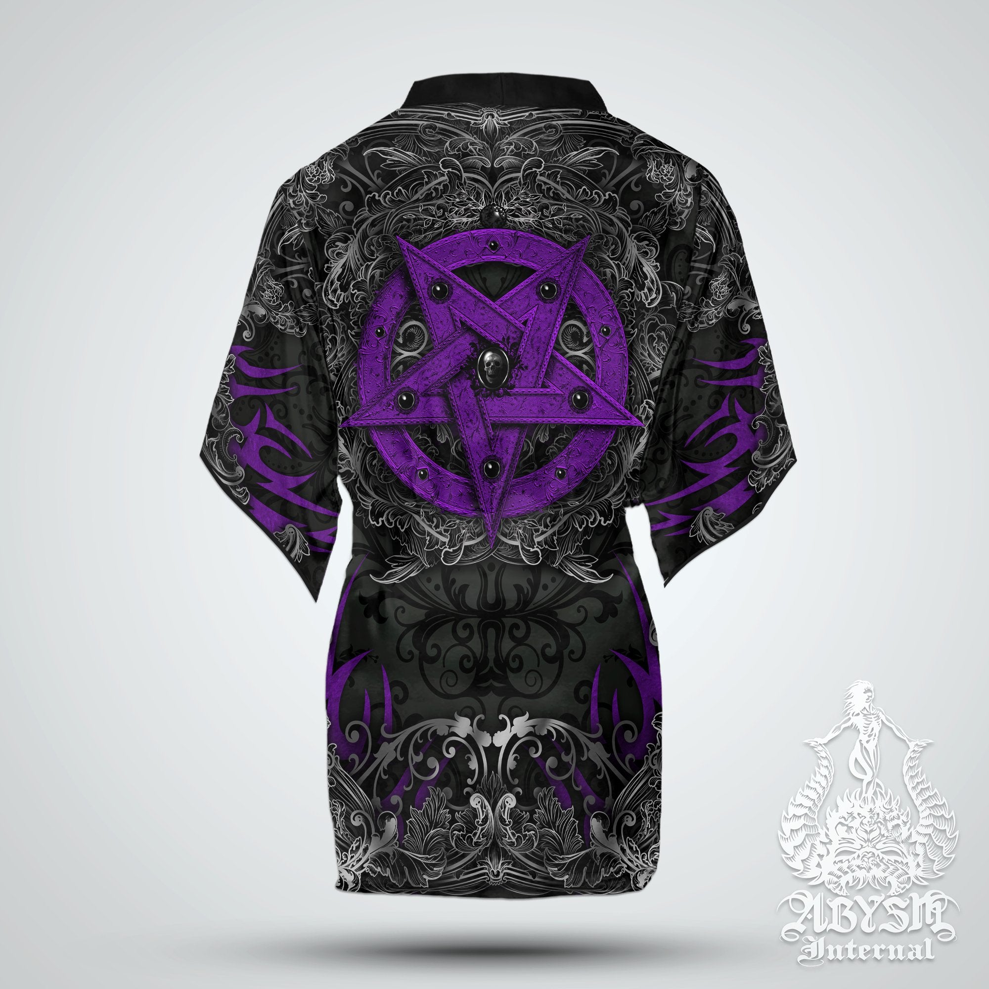 Pentagram Short Kimono Robe, Pastel Goth Beach Party Outfit, Black Purple Coverup, Gothic Witch Summer Festival, Witchy Clothing, Unisex - Abysm Internal