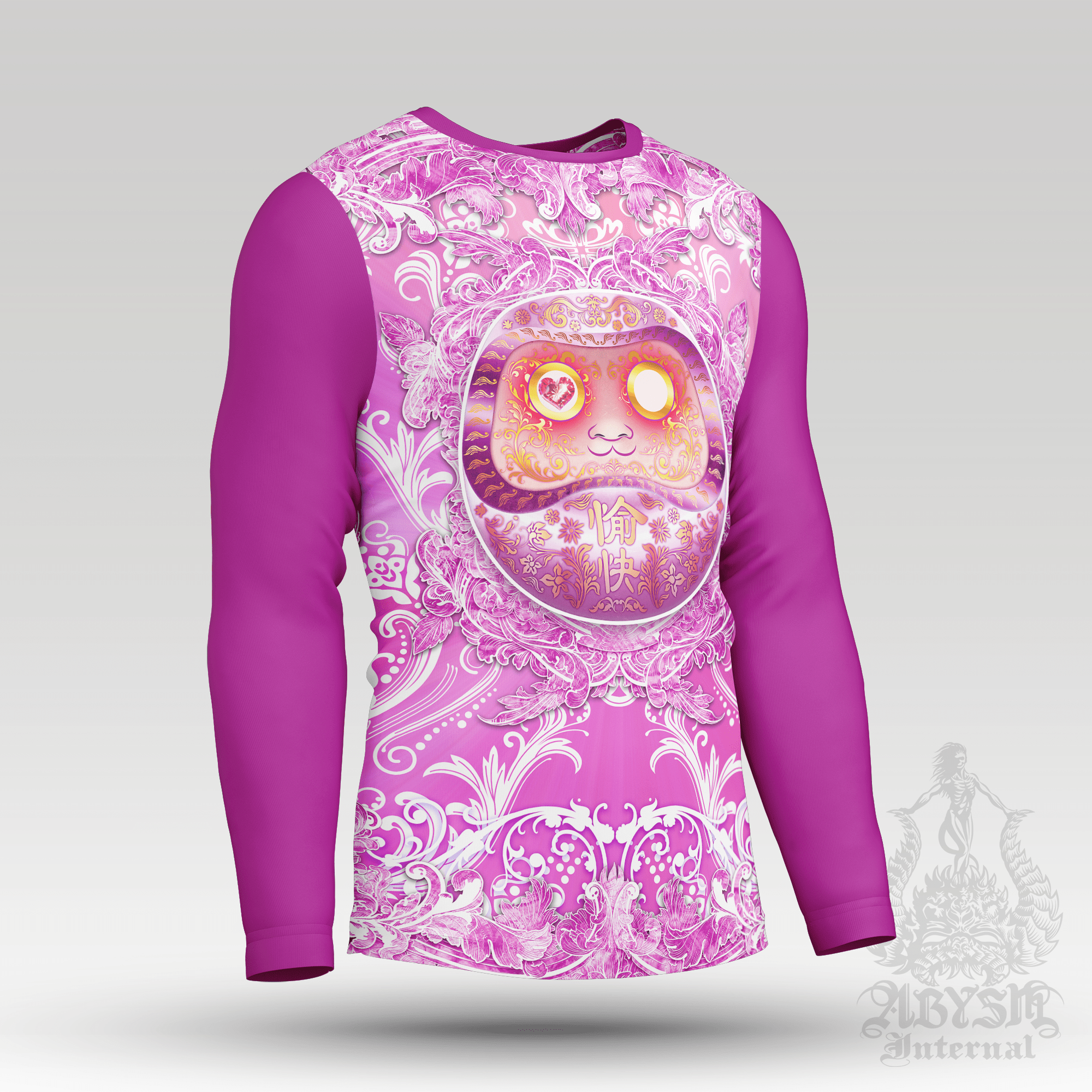 Pink Daruma Rash Guard - Harajuku Fashion Long Sleeve Surf Shirt, Funny Japanese Water Sports Top | Whimsical Art UV Protection Activewear for Men and Women - Abysm Internal