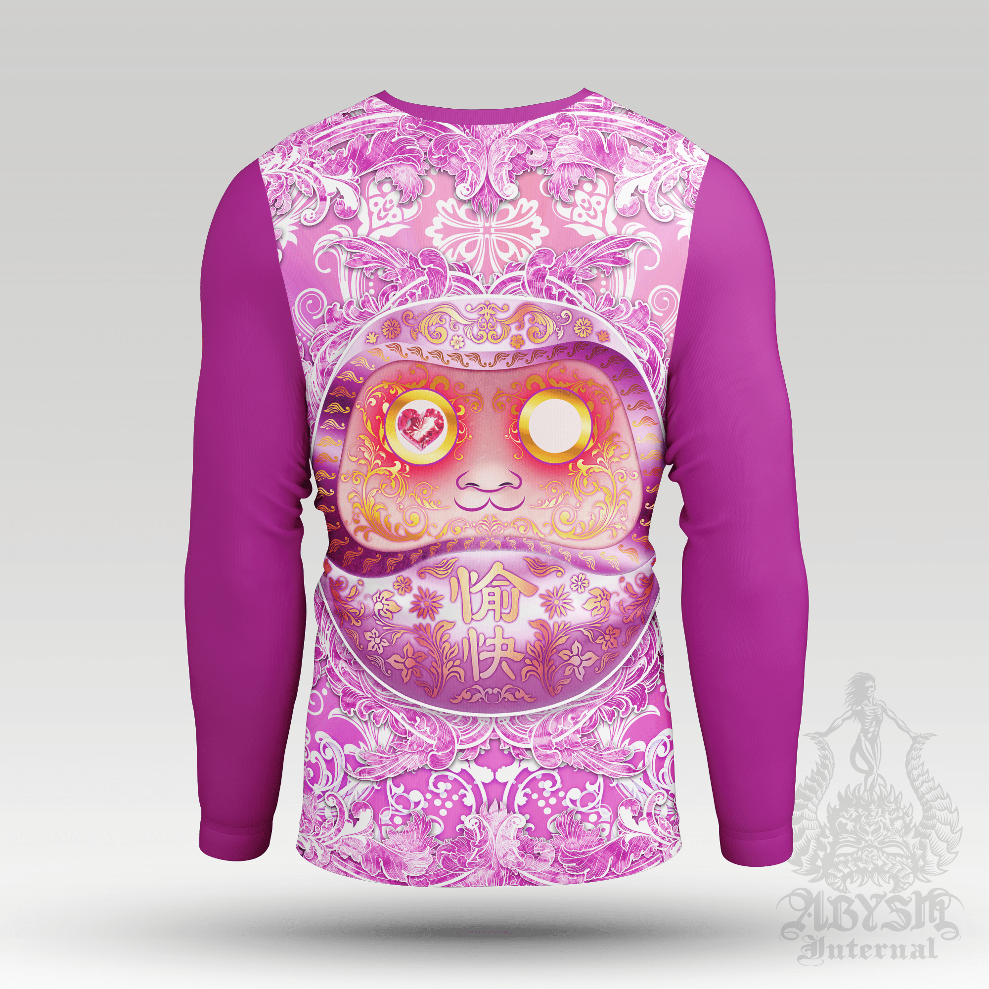 Pink Daruma Rash Guard - Harajuku Fashion Long Sleeve Surf Shirt, Funny Japanese Water Sports Top | Whimsical Art UV Protection Activewear for Men and Women - Abysm Internal