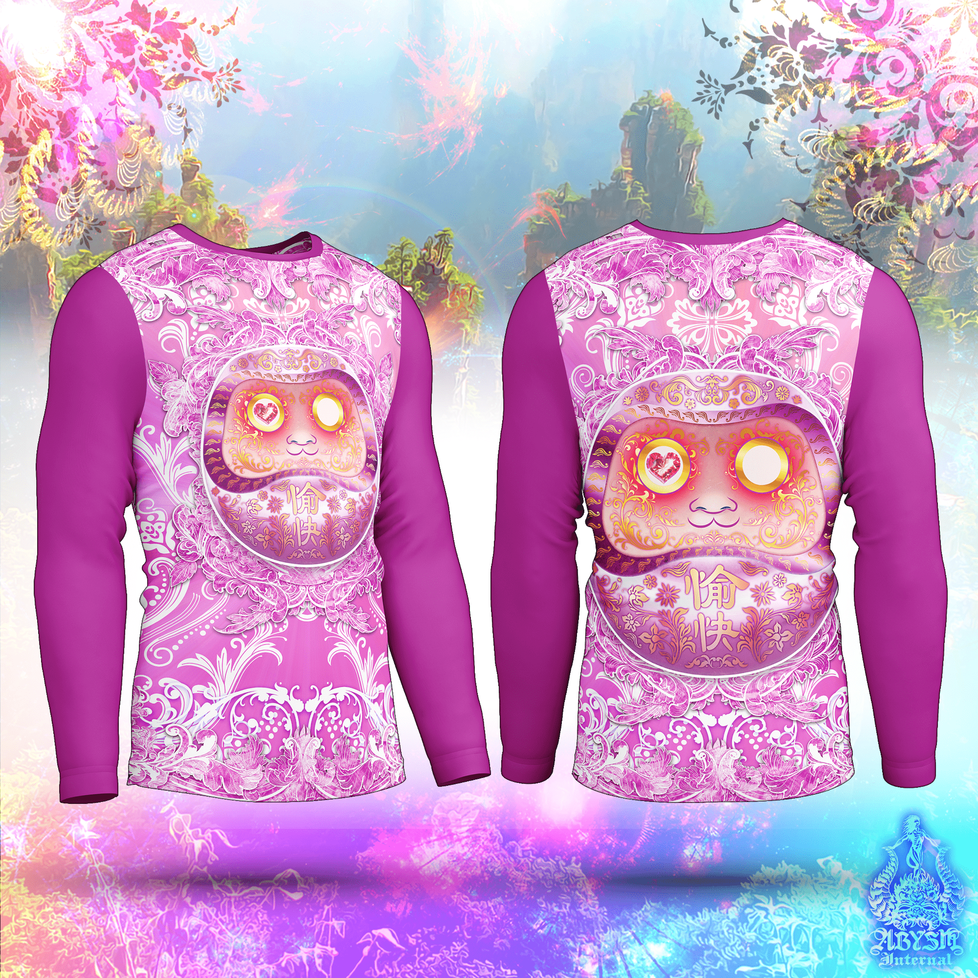 Pink Daruma Rash Guard - Harajuku Fashion Long Sleeve Surf Shirt, Funny Japanese Water Sports Top | Whimsical Art UV Protection Activewear for Men and Women - Abysm Internal