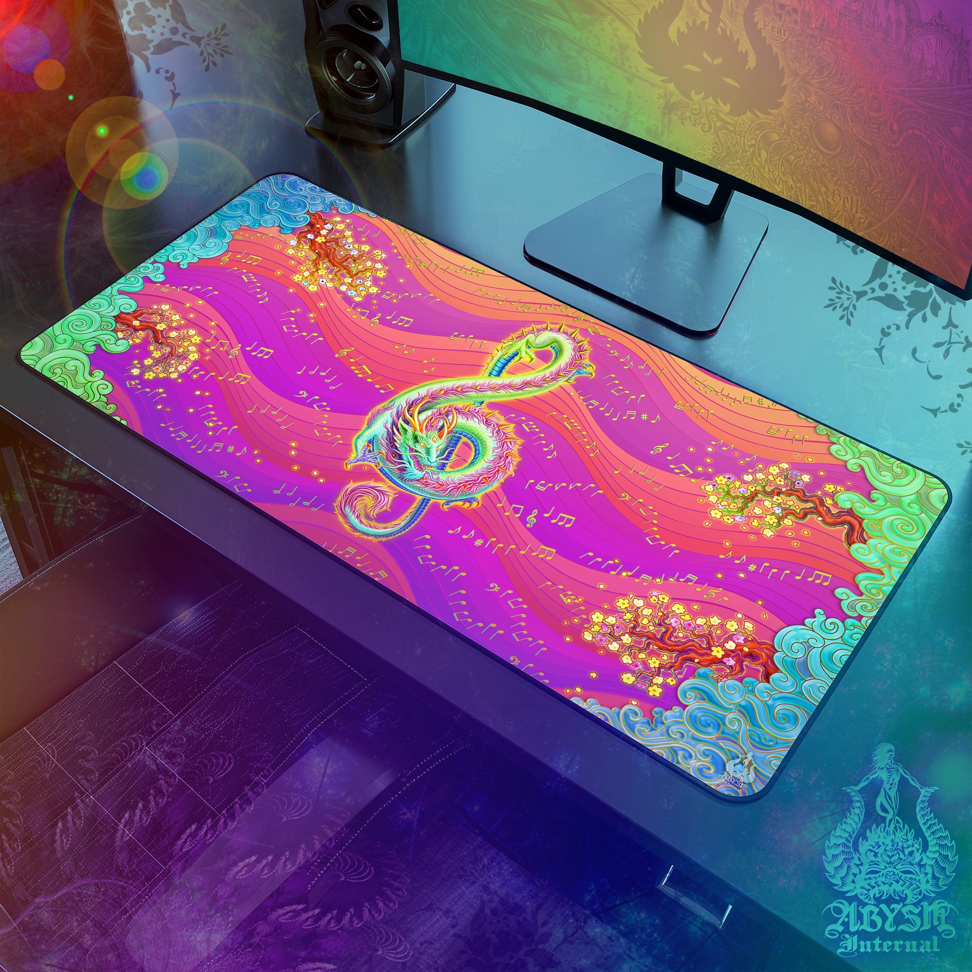Psychedelic Dragon Desk Mat, Music Gaming Mouse Pad, Asian Table Protector Cover, Colorful Neon Workpad, Treble Clef Art Print - Abysm Internal