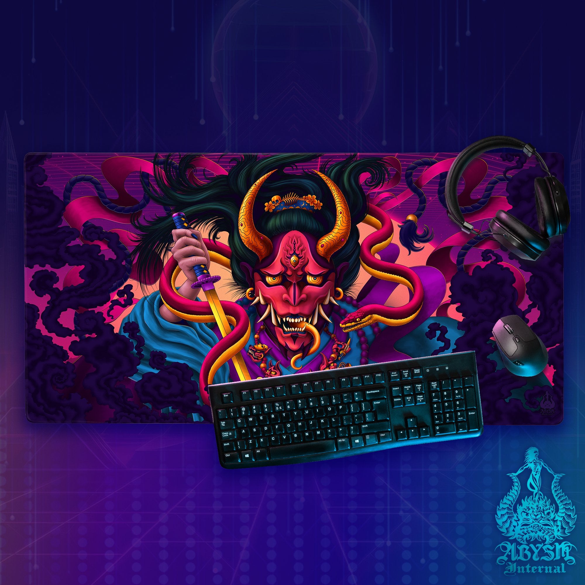 Psychedelic Gaming Mouse Pad, Japanese Demon Desk Mat, Hannya Table Protector Cover, Vaporwave Workpad, Fantasy Anime and Manga Art Print - Snake - Abysm Internal