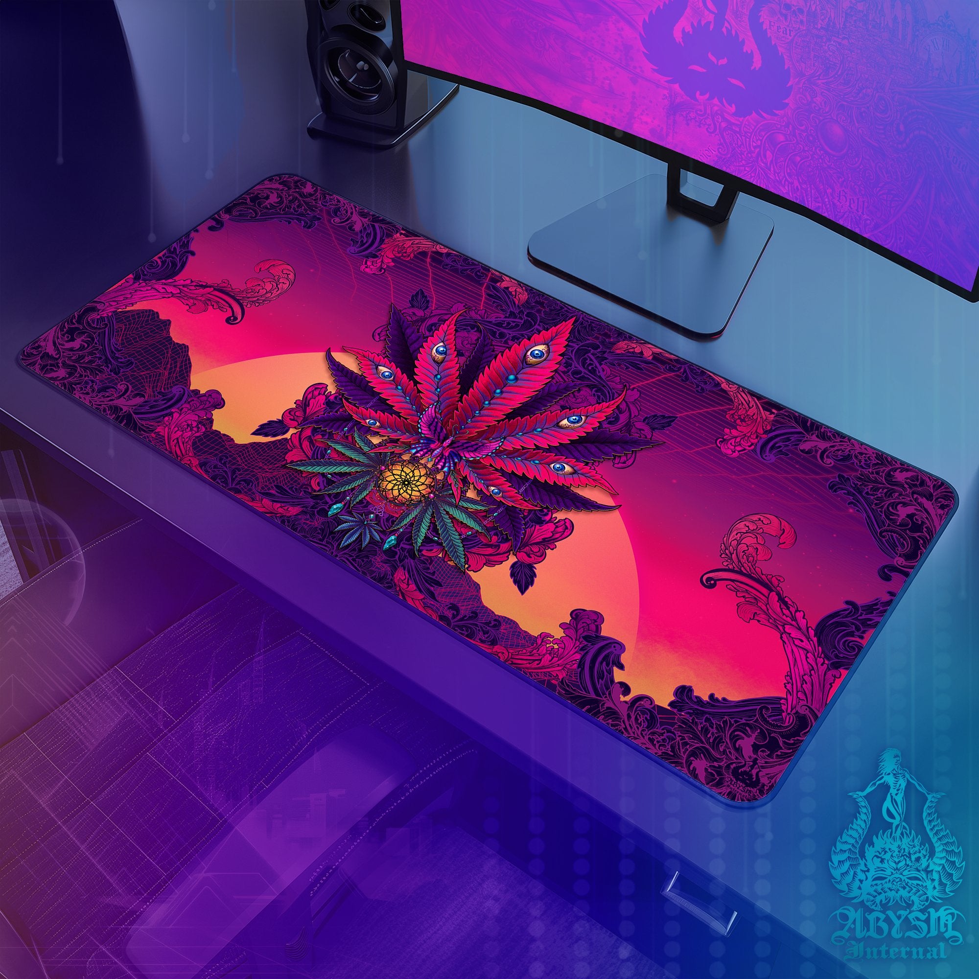 Psychedelic Gaming Mouse Pad, Marijuana Desk Mat, Weed Table Protector Cover, Retrowave Cannabis Workpad, Vaporwave 420 Art Print - Abysm Internal