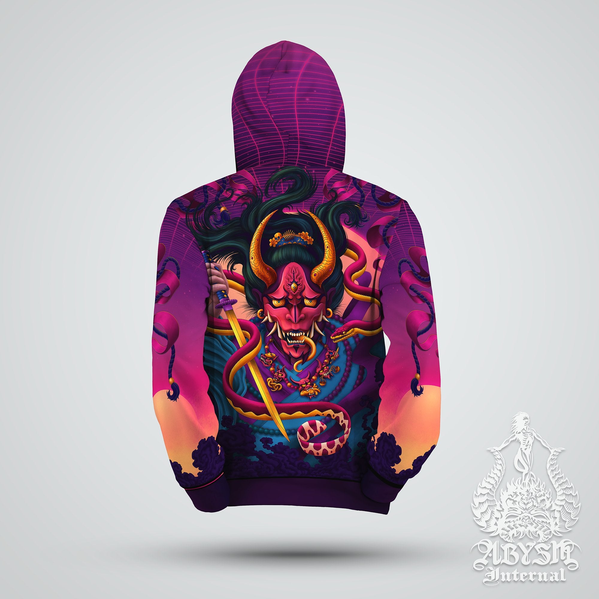 Psychedelic Hoodie, Rave Sweater, Psy Manga and Anime Streetwear, Japanese Demon Street Outfit, Hannya Pullover, Party Clothing, Unisex - Oni and Snake, Vaporwave - Abysm Internal