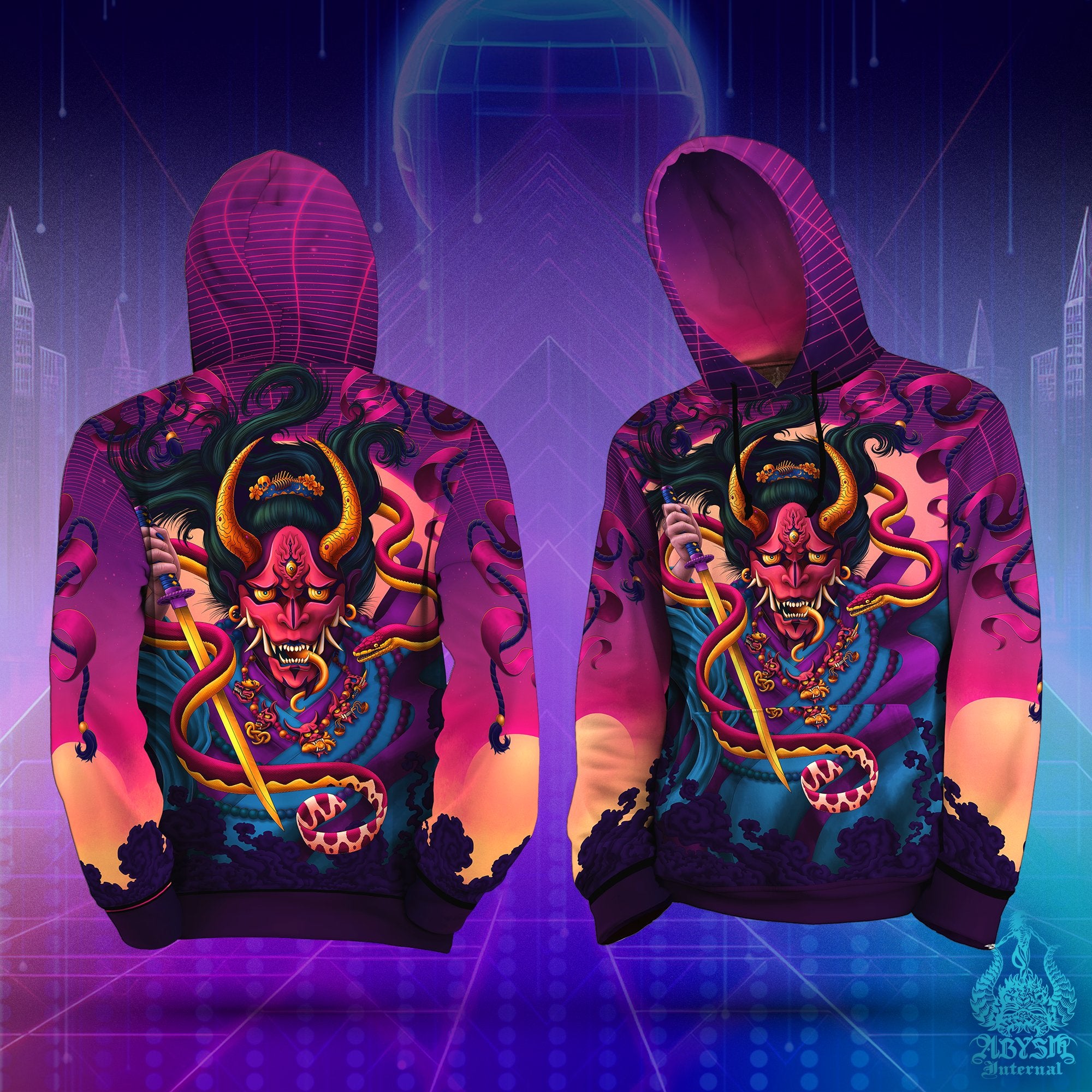Psychedelic Hoodie, Rave Sweater, Psy Manga and Anime Streetwear, Japanese Demon Street Outfit, Hannya Pullover, Party Clothing, Unisex - Oni and Snake, Vaporwave - Abysm Internal