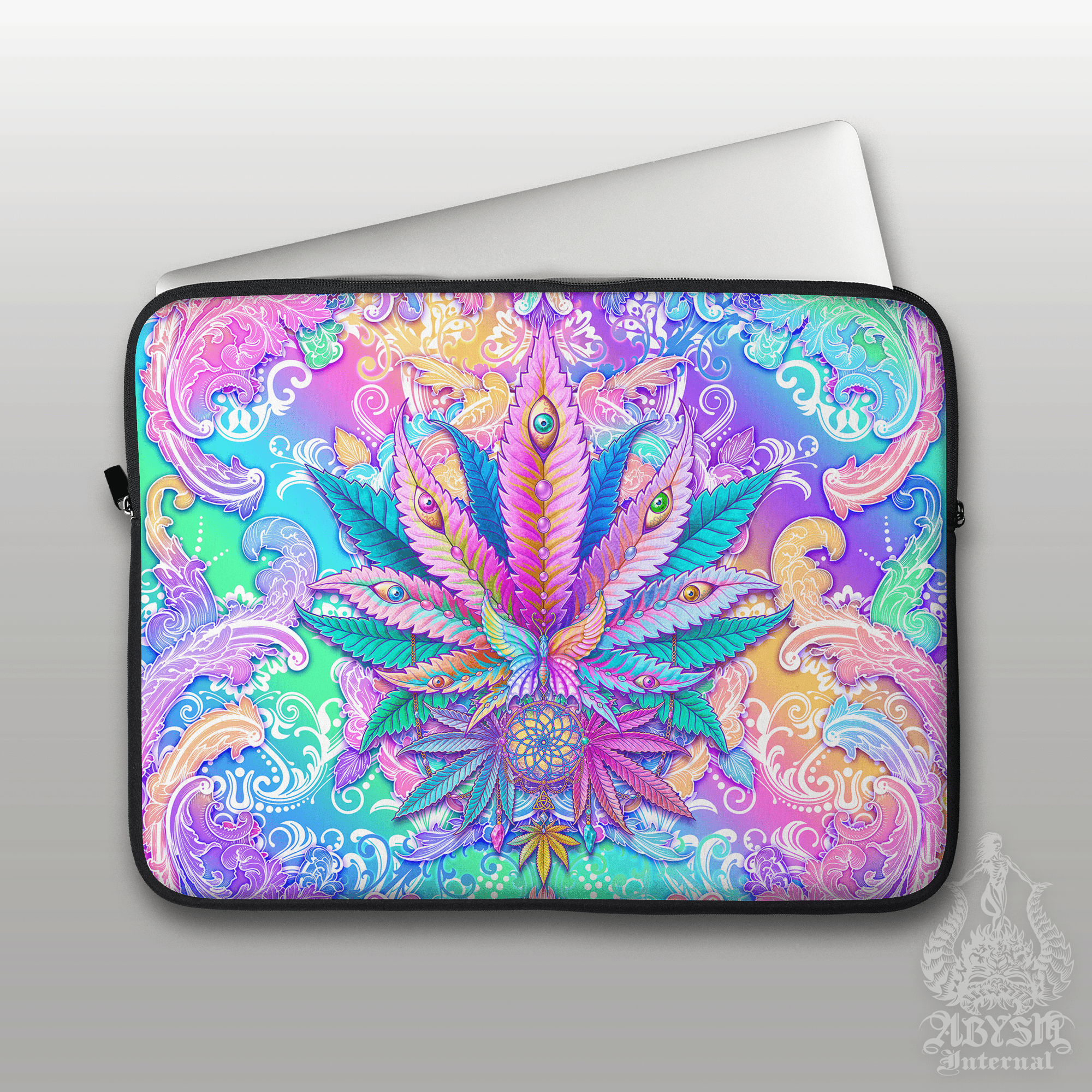 Psychedelic Laptop Case – Pastel Cannabis Leaf, Harajuku Aesthetic, 13" & 15", Trippy 420 Weed Art, Printed Padded Soft Sleeve - Abysm Internal