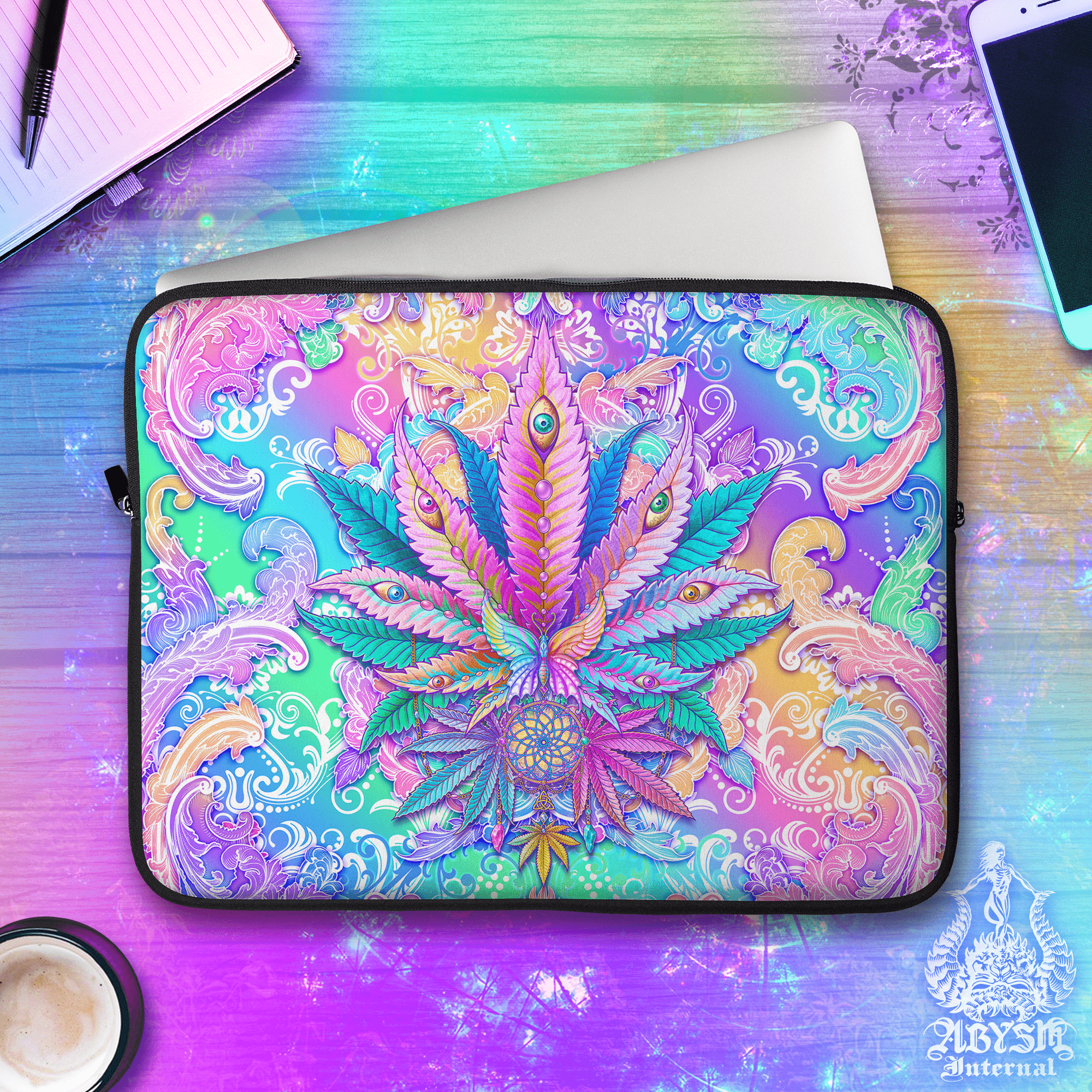 Psychedelic Laptop Case – Pastel Cannabis Leaf, Harajuku Aesthetic, 13" & 15", Trippy 420 Weed Art, Printed Padded Soft Sleeve - Abysm Internal