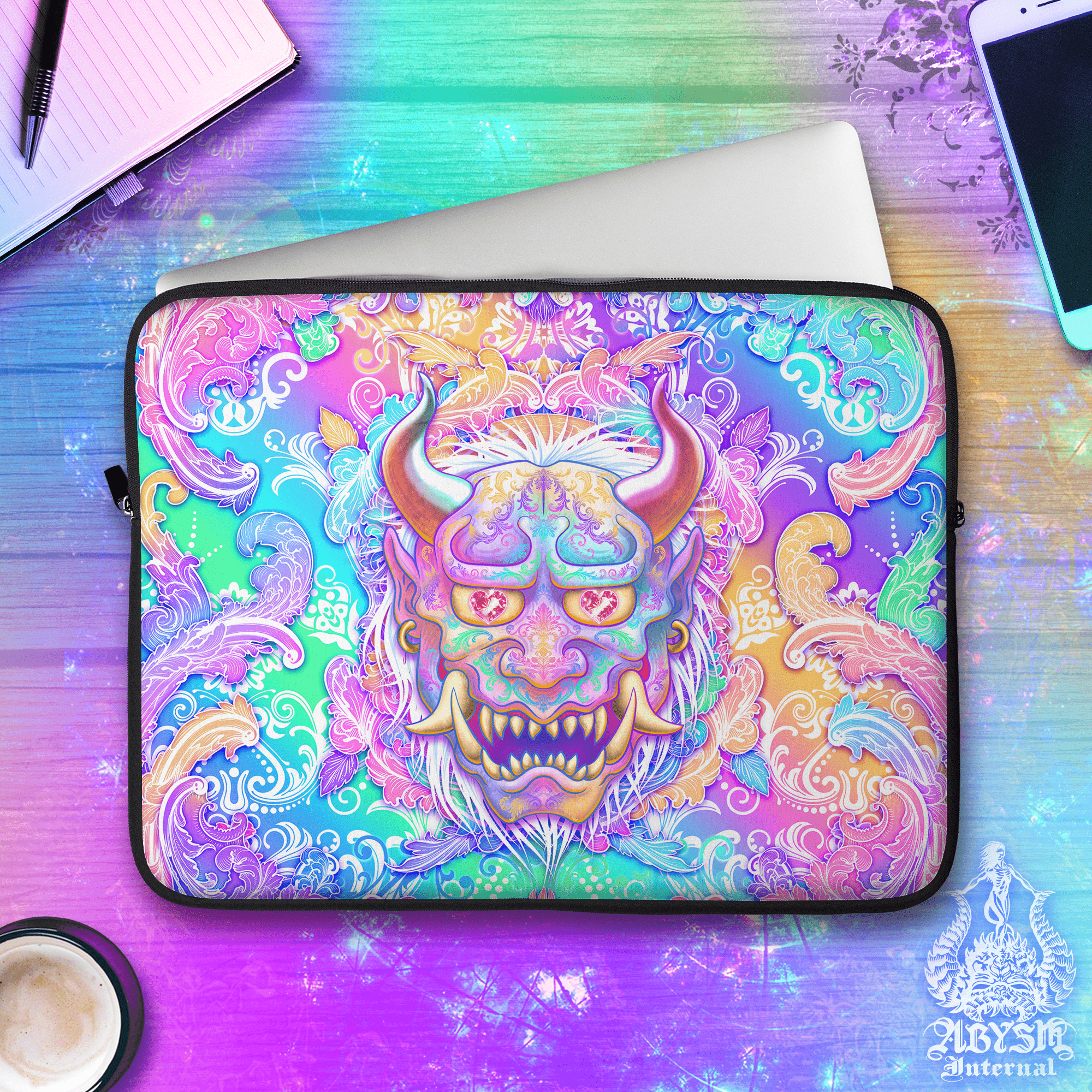 Psychedelic Oni Laptop Case – Harajuku Pastel Aesthetic Japanese Demon, 13" & 15", Fantasy Art, Printed Padded Soft Sleeve - Abysm Internal