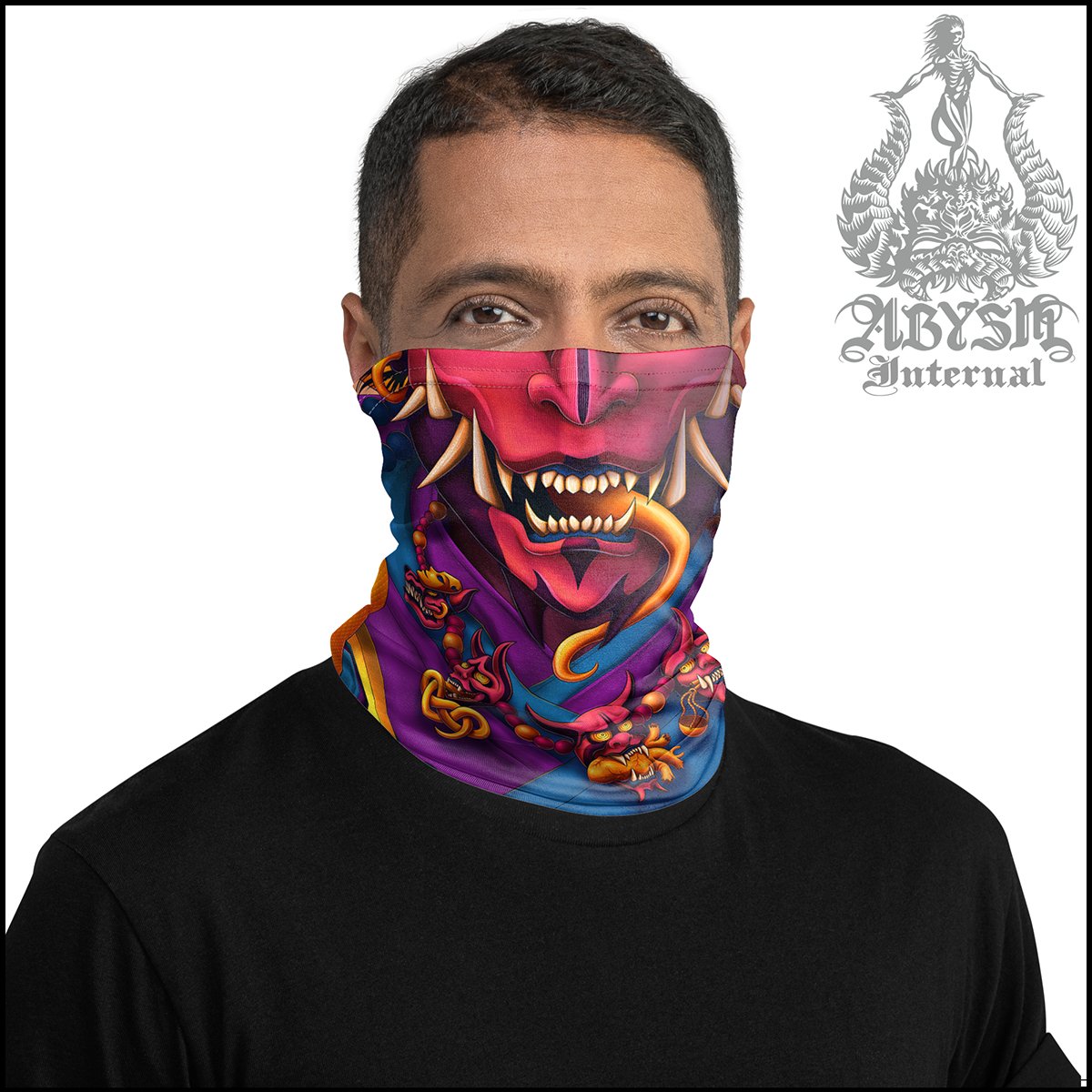 Psychedelic Oni Neck Gaiter, Trippy Hannya Face Mask, Japanese Demon Printed Head Covering, Rave Street Outfit, Snake, Fangs, Headband - Vaporwave - Abysm Internal