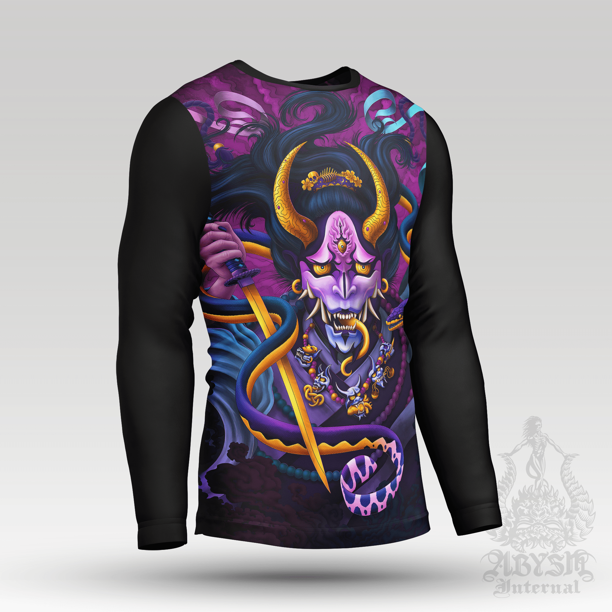 Psychedelic Rash Guard - Hannya Long Sleeve Surf Shirt, Pastel Black Japanese Demon Water Sports Top | Fantasy Art UV Protection Activewear for Men and Women - Abysm Internal