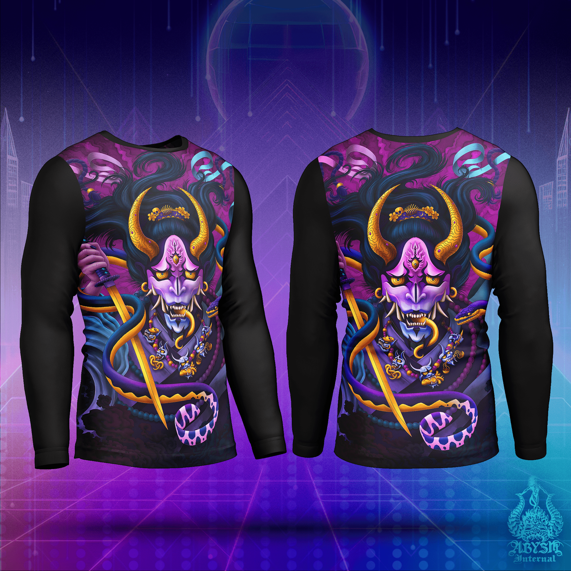 Psychedelic Rash Guard - Hannya Long Sleeve Surf Shirt, Pastel Black Japanese Demon Water Sports Top | Fantasy Art UV Protection Activewear for Men and Women - Abysm Internal