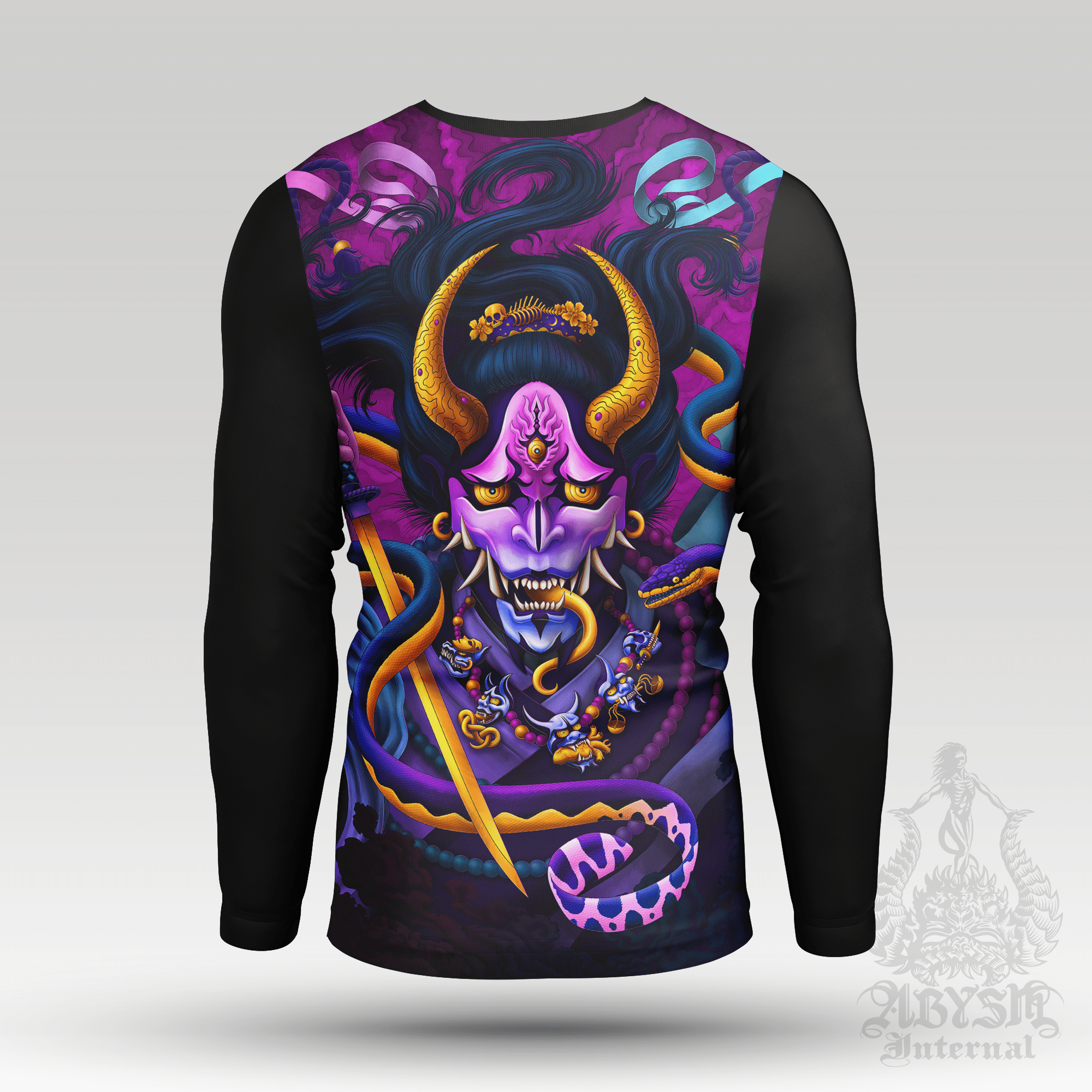 Psychedelic Rash Guard - Hannya Long Sleeve Surf Shirt, Pastel Black Japanese Demon Water Sports Top | Fantasy Art UV Protection Activewear for Men and Women - Abysm Internal