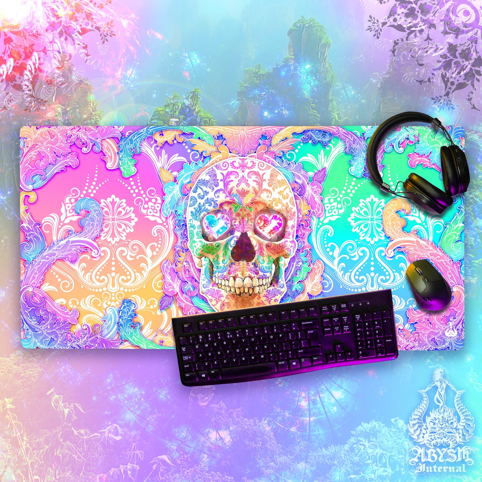 Psychedelic Skull Desk Mat, Pastel Gaming Mouse Pad, Aesthetic Table Protector Cover, Harajuku Workpad, Yami Kawaii Art Print - Abysm Internal