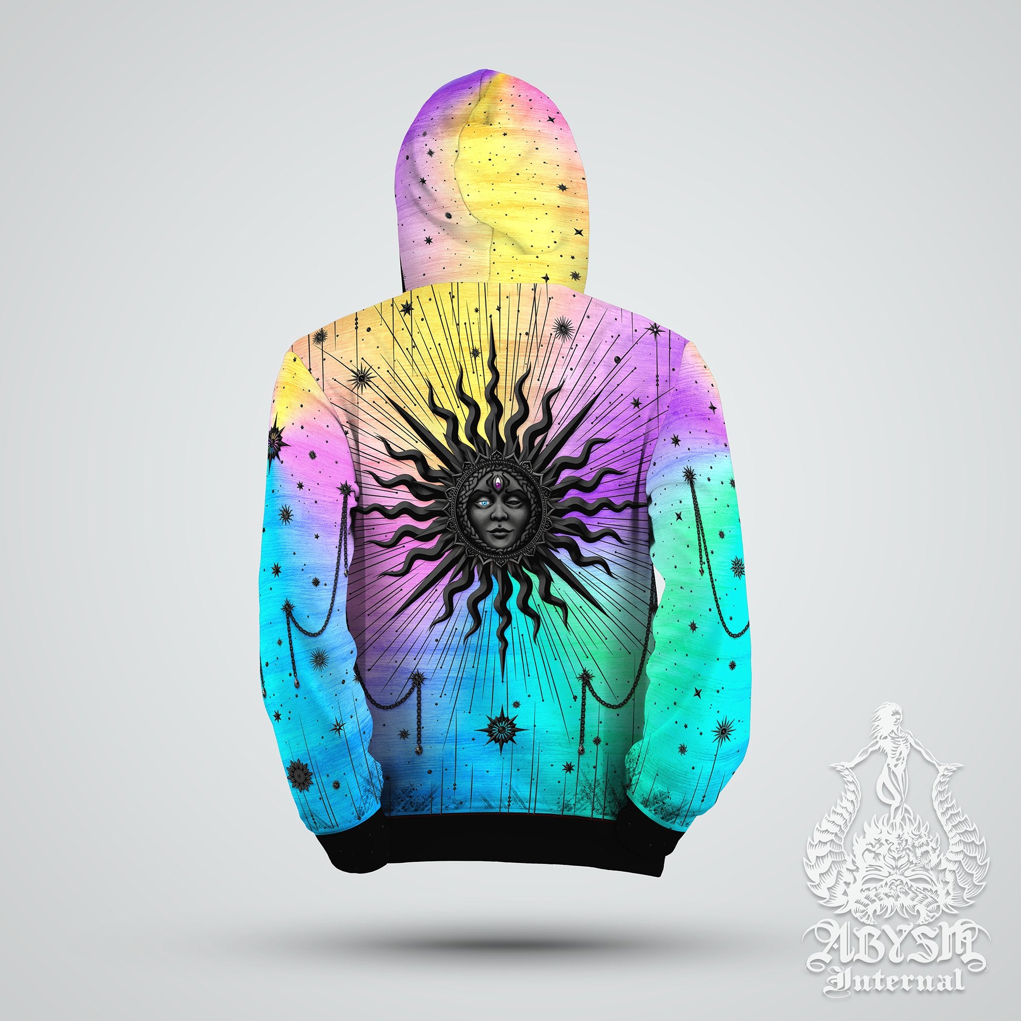 Psychedelic Sun Hoodie, Rave Party Outfit, Tarot Arcana Pullover, Boho Sweater, Esoteric Clothing, Indie Festival Streetwear, Unisex - Pastel Black - Abysm Internal