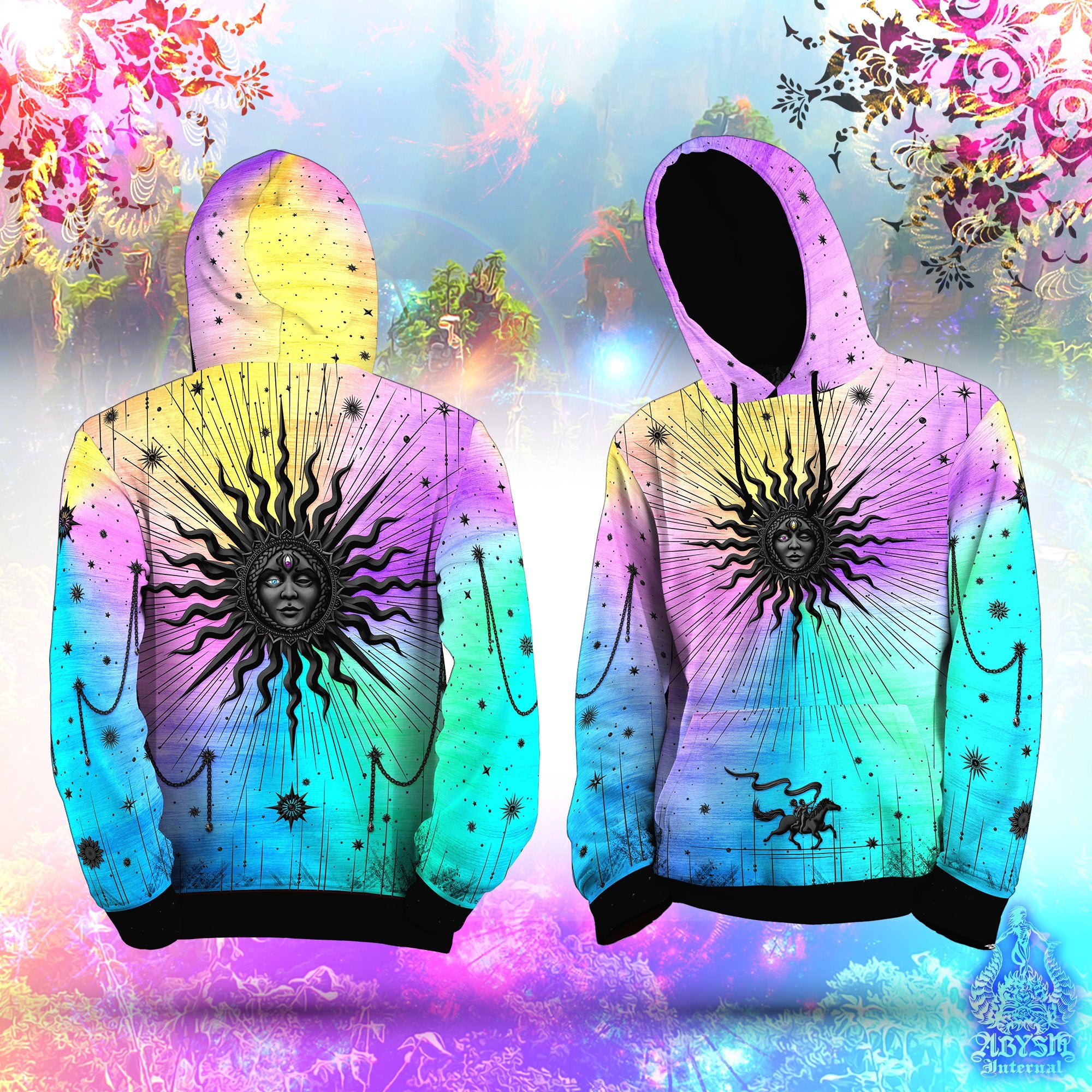 Psychedelic Sun Hoodie, Rave Party Outfit, Tarot Arcana Pullover, Boho Sweater, Esoteric Clothing, Indie Festival Streetwear, Unisex - Pastel Black - Abysm Internal