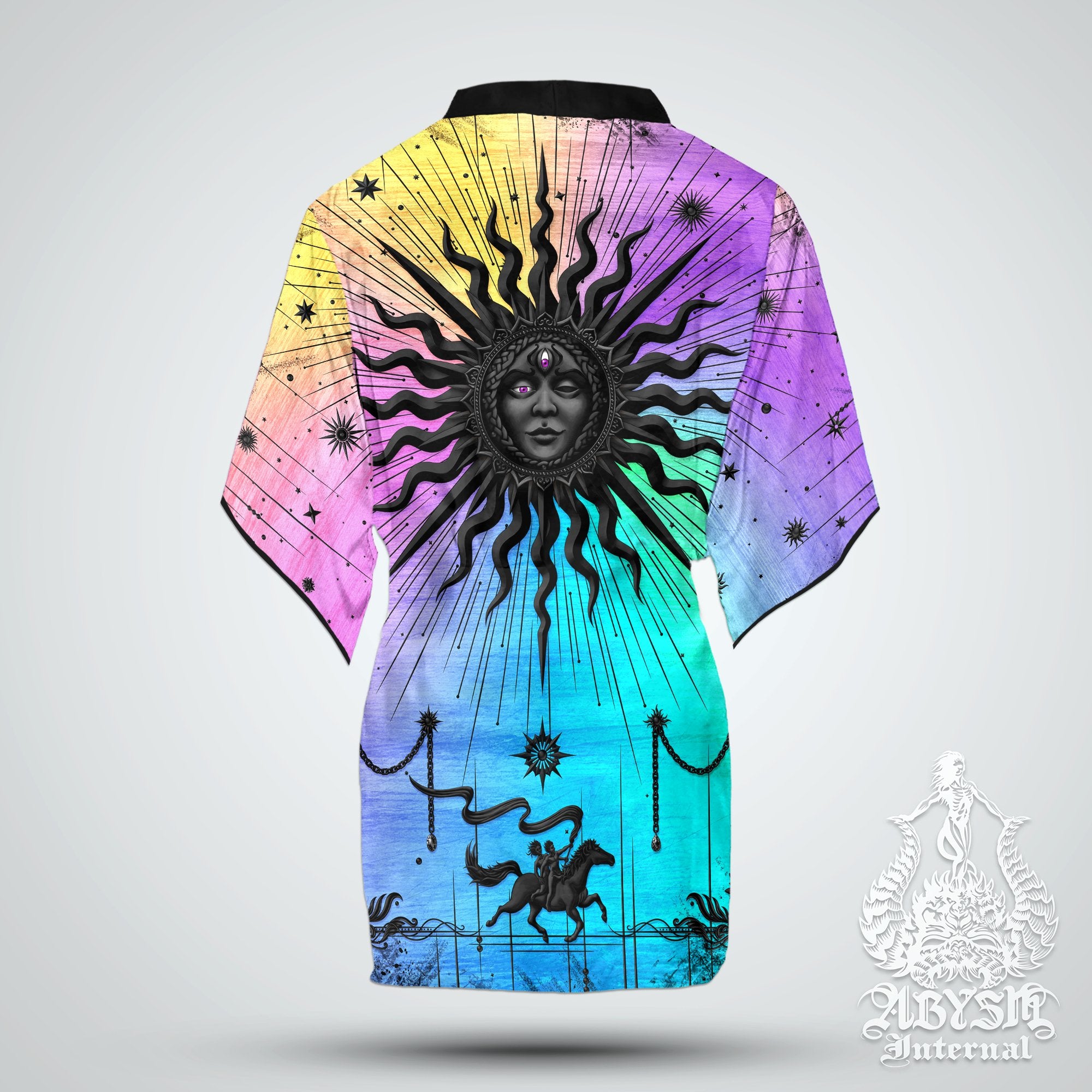 Psychedelic Sun Short Kimono Robe, Pastel Black, Trippy Beach Party Outfit, Tarot Arcana Coverup, Indie Summer Festival Clothing, Unisex - Abysm Internal