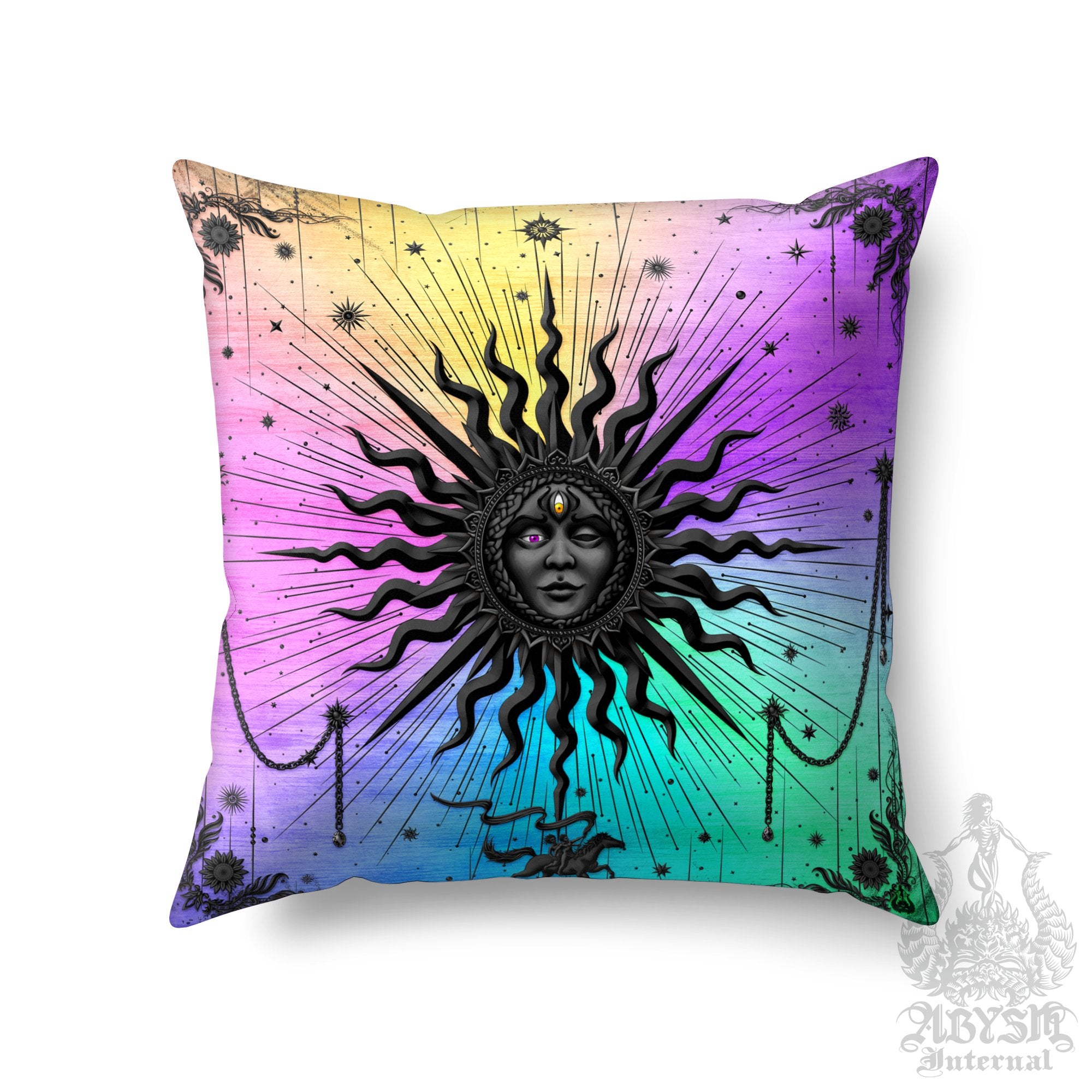 Psychedelic Throw Pillow, Trippy Decorative Accent Pillow, Indie Square Cushion Cover, Arcana Sun Tarot Art, Boho Home, Magic & Fortune Room Decor - Pastel Black - Abysm Internal