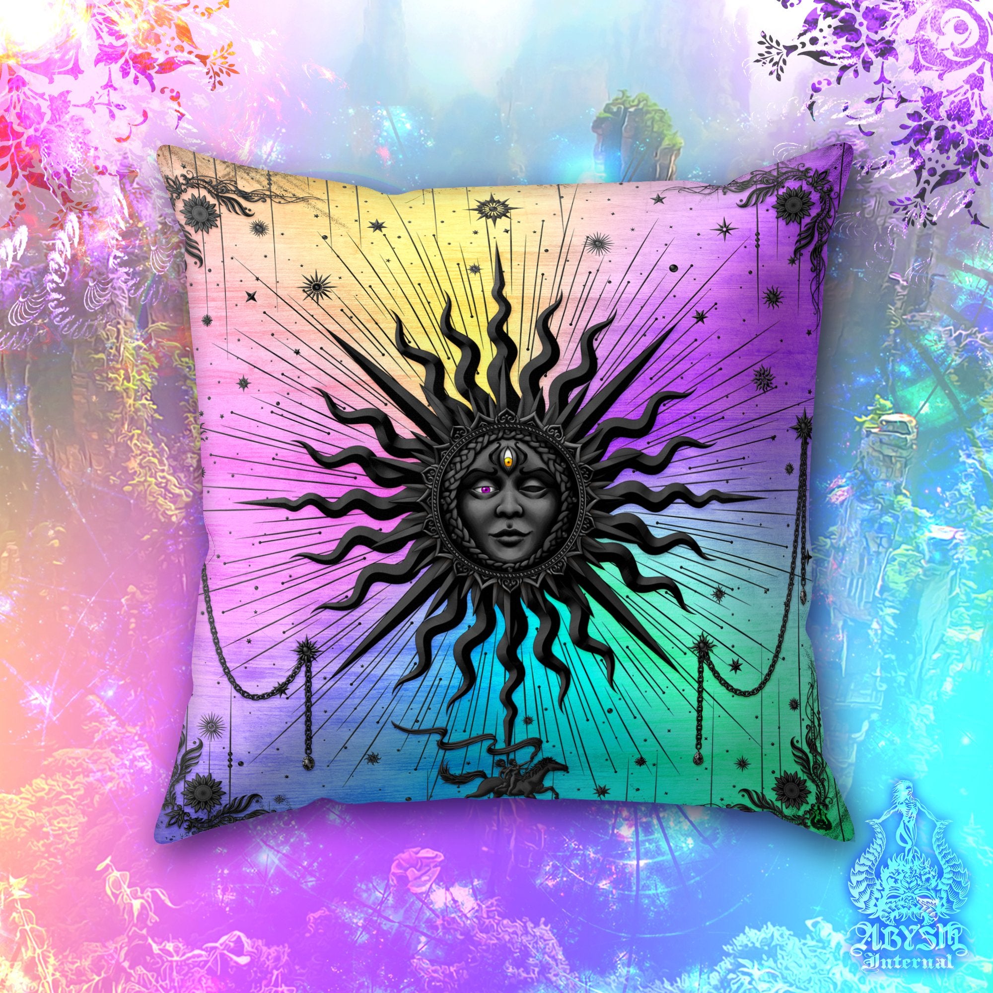 Psychedelic Throw Pillow, Trippy Decorative Accent Pillow, Indie Square Cushion Cover, Arcana Sun Tarot Art, Boho Home, Magic & Fortune Room Decor - Pastel Black - Abysm Internal