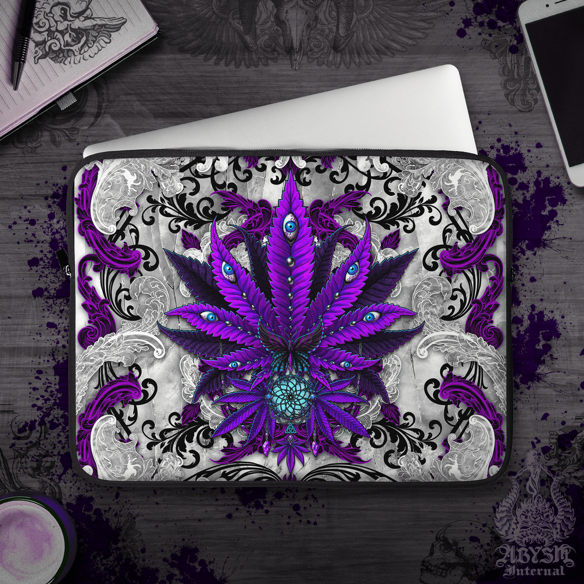 Purple Cannabis Laptop Case – White Goth, 13" & 15", Trippy 420 Weed Art, Printed Padded Soft Sleeve - Abysm Internal