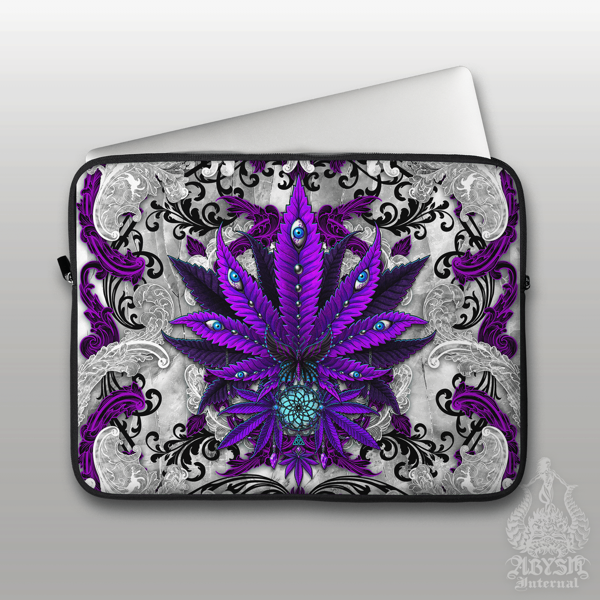 Purple Cannabis Laptop Case – White Goth, 13" & 15", Trippy 420 Weed Art, Printed Padded Soft Sleeve - Abysm Internal