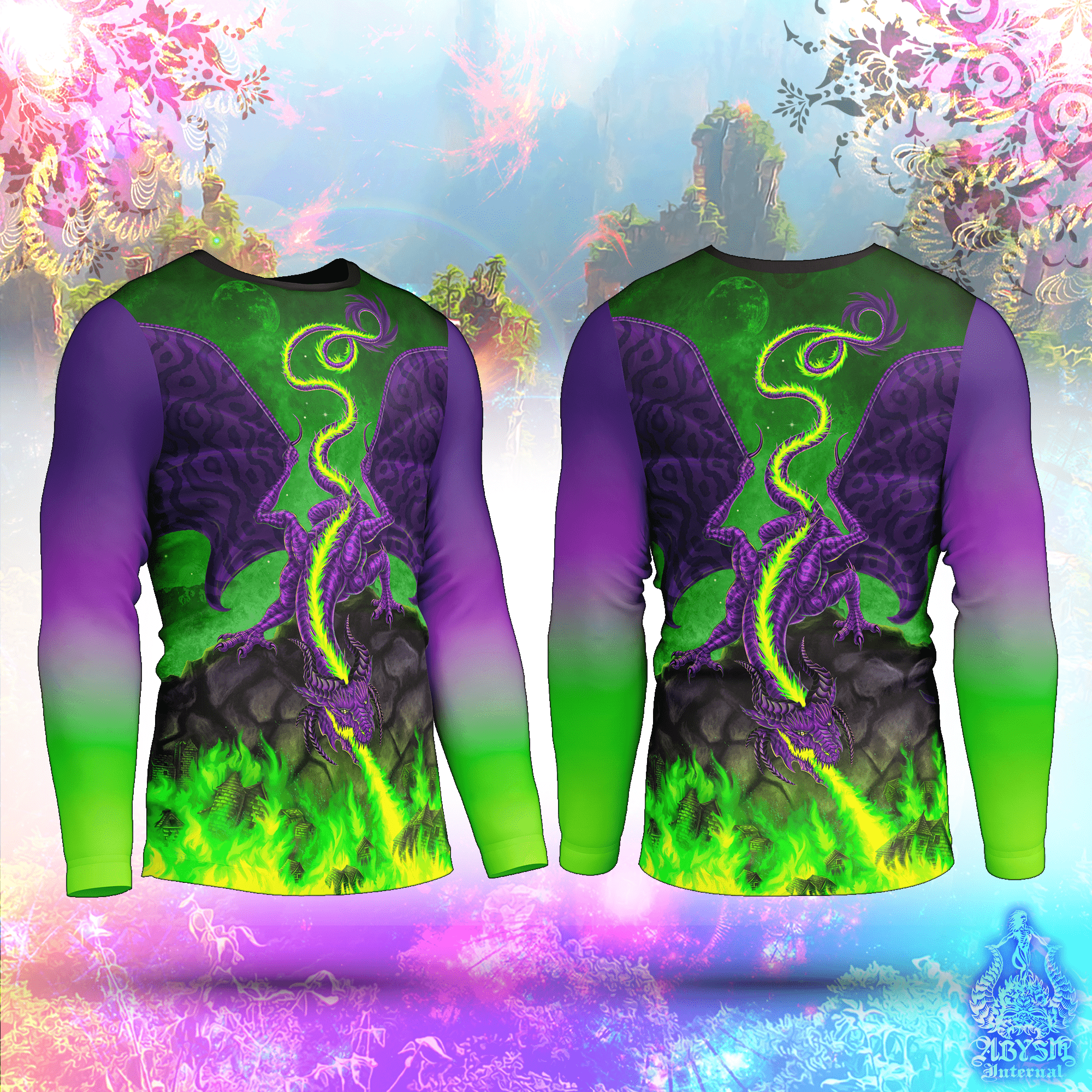 Purple Dragon Rash Guard, Green Long Sleeve Surf Shirt, Vibrant Fire Sports Top | Fantasy Art UV Protection Activewear for Men and Women - Abysm Internal