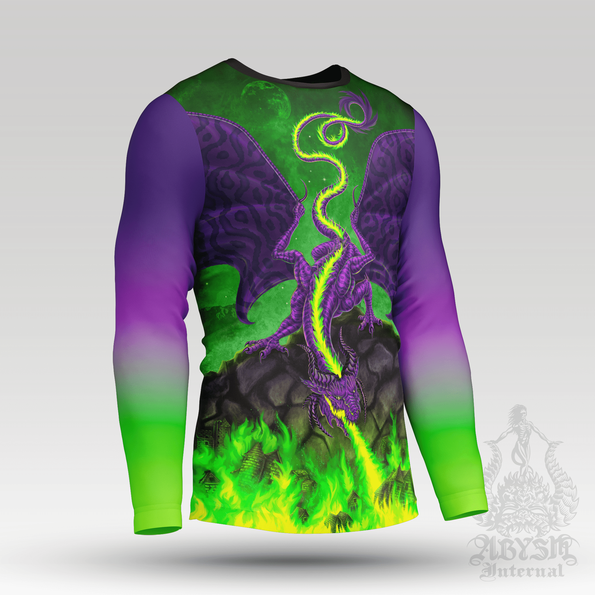 Purple Dragon Rash Guard, Green Long Sleeve Surf Shirt, Vibrant Fire Sports Top | Fantasy Art UV Protection Activewear for Men and Women - Abysm Internal