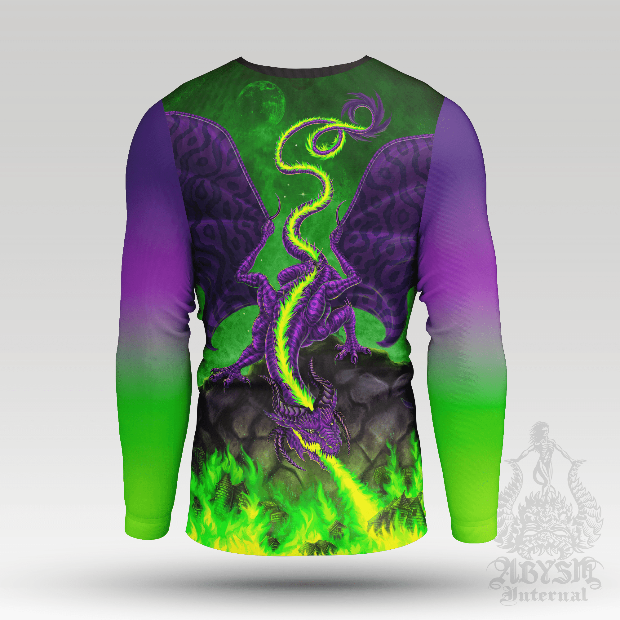 Purple Dragon Rash Guard, Green Long Sleeve Surf Shirt, Vibrant Fire Sports Top | Fantasy Art UV Protection Activewear for Men and Women - Abysm Internal