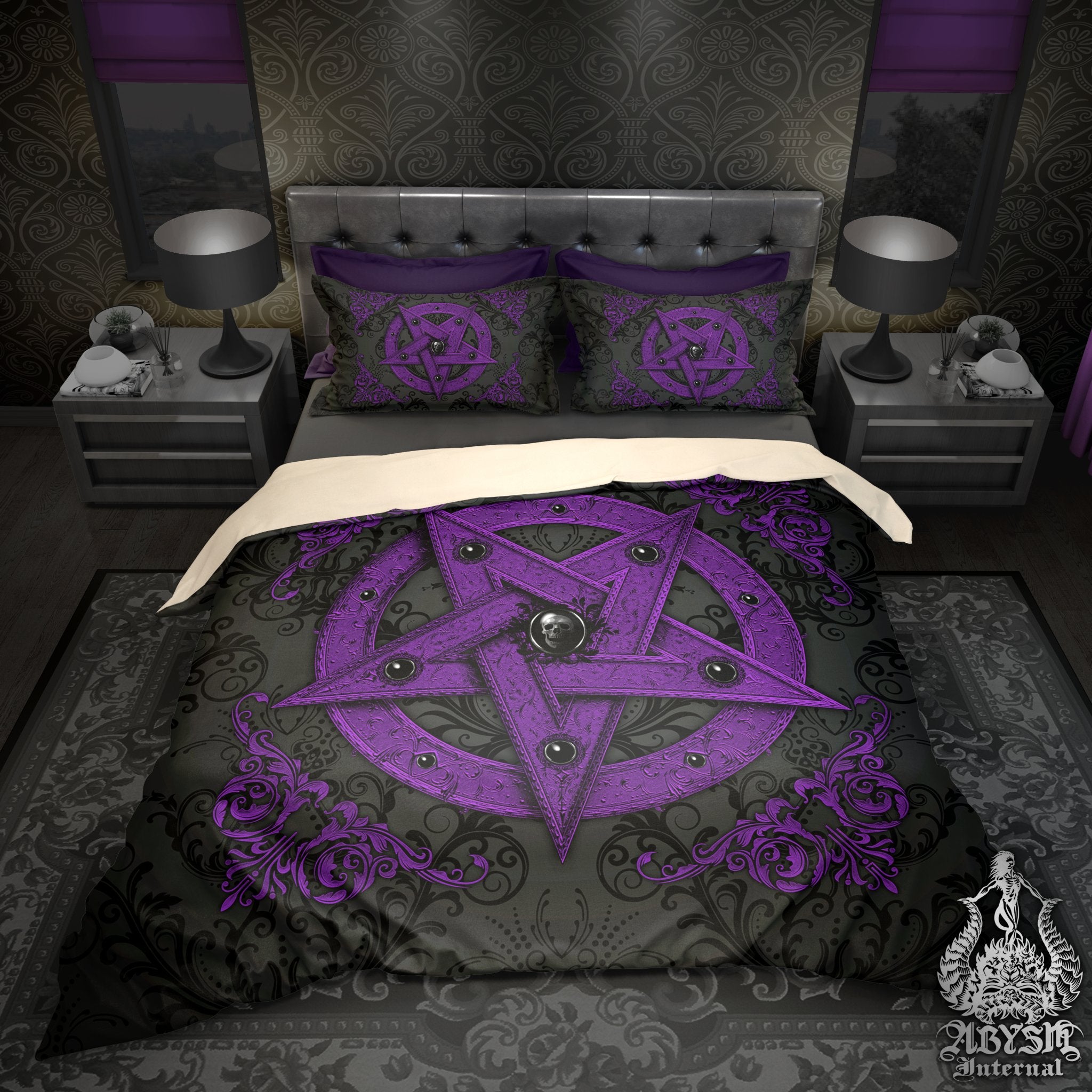 Purple Pentagram Bedding Set, Pastel Goth Comforter or Duvet, Witchy Bed Cover, Satanic Bedroom Decor, King, Queen & Twin Size - Black - Abysm Internal