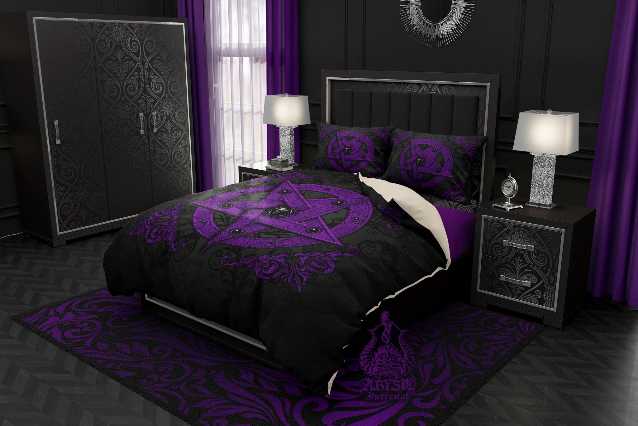 Purple Pentagram Bedding Set, Pastel Goth Comforter or Duvet, Witchy Bed Cover, Satanic Bedroom Decor, King, Queen & Twin Size - Black - Abysm Internal