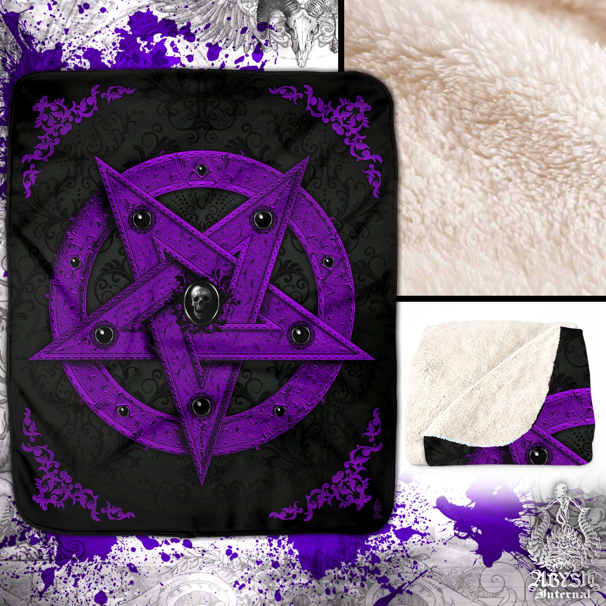 Purple Pentagram, Pastel Goth Sherpa Fleece Throw Blanket, Satanic, Occult & Gothic Home Decor, Witchy Gift - Black - Abysm Internal