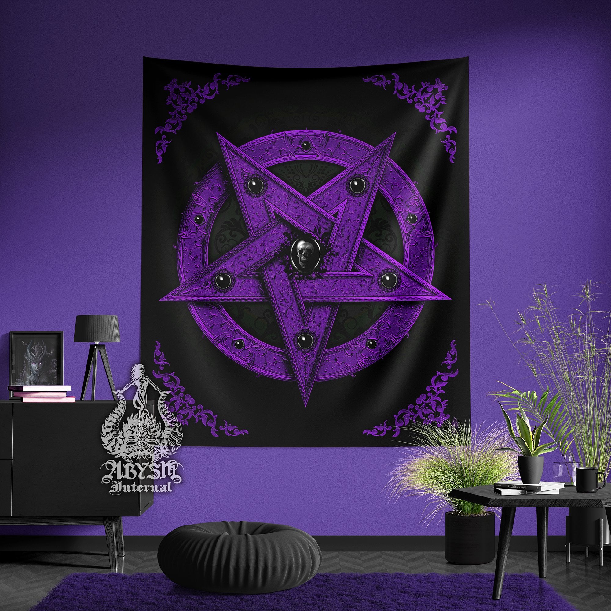 Purple Pentagram Tapestry, Witchy Wall Hanging, Pastel Goth Home Decor, Satanic Vertical Art Print - Black - Abysm Internal