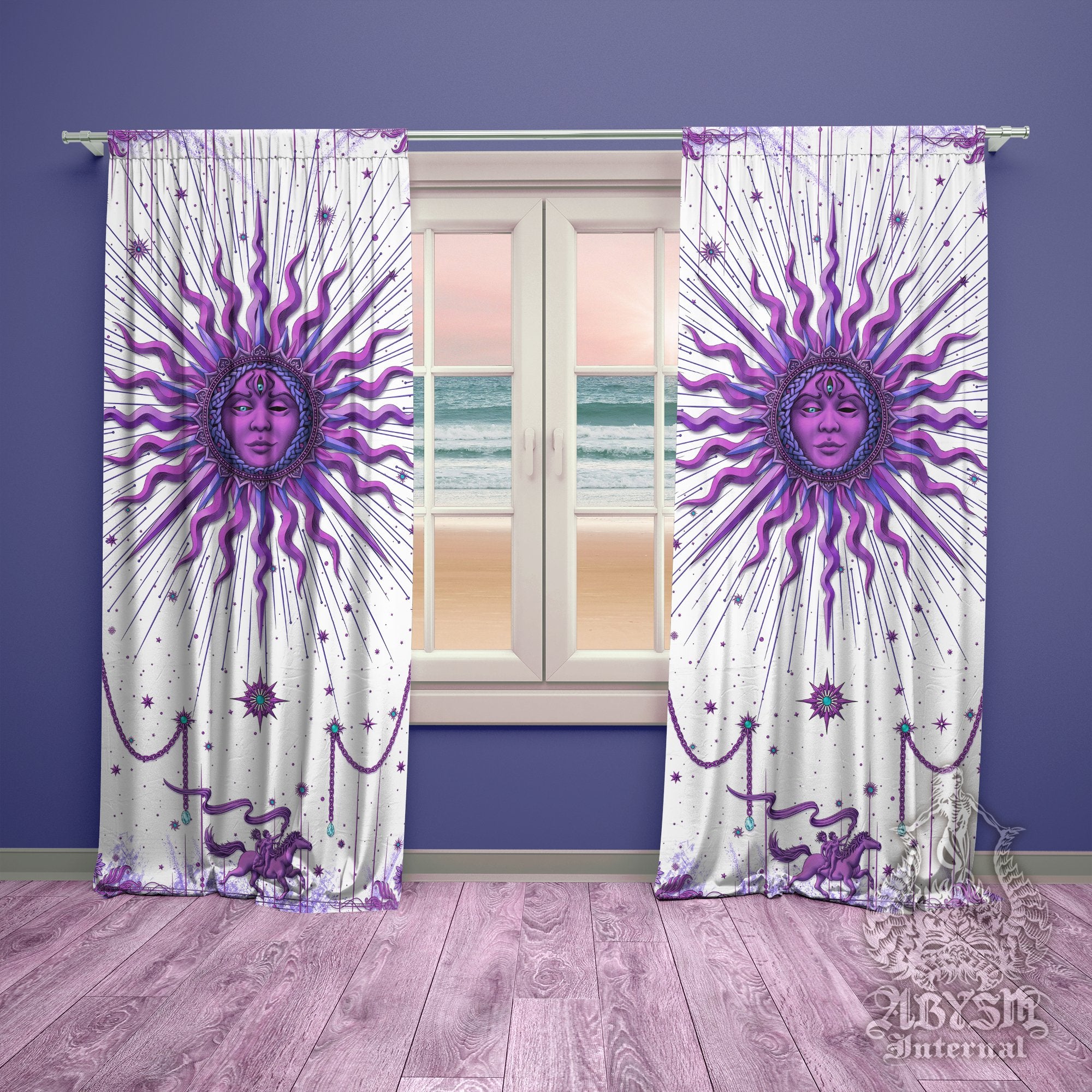 Purple Sun Curtains, 50x84' Printed Window Panels, White Goth Home Decor, Tarot Arcana, Esoteric Art Print - Abysm Internal