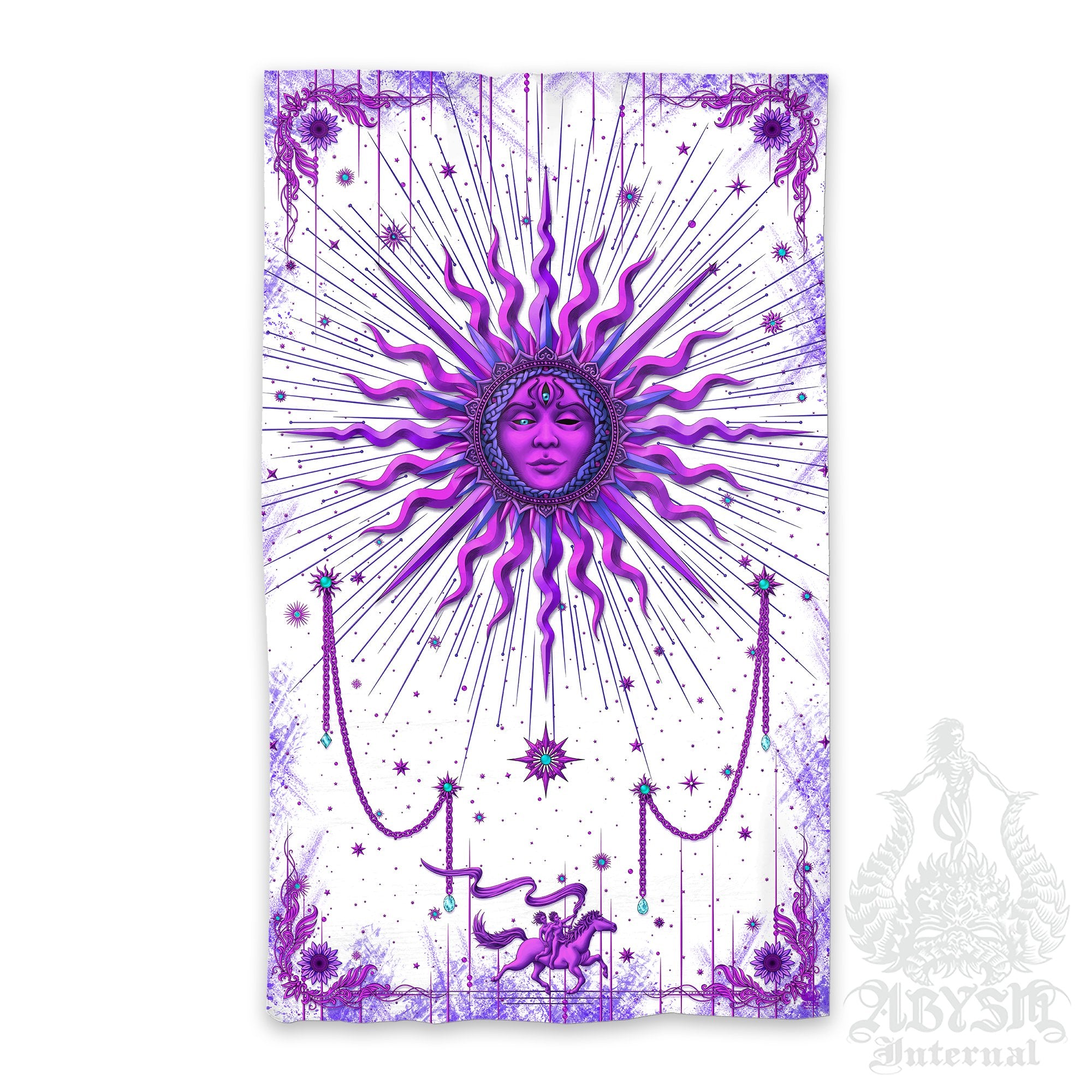 Purple Sun Curtains, 50x84' Printed Window Panels, White Goth Home Decor, Tarot Arcana, Esoteric Art Print - Abysm Internal