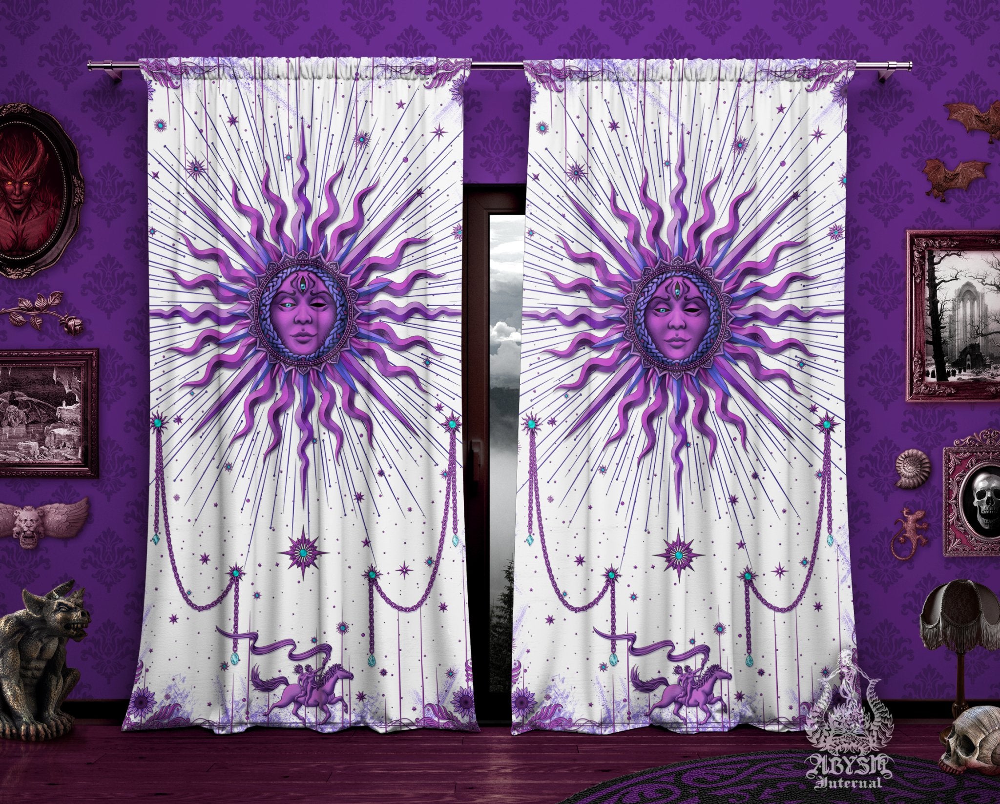 Purple Sun Curtains, 50x84' Printed Window Panels, White Goth Home Decor, Tarot Arcana, Esoteric Art Print - Abysm Internal