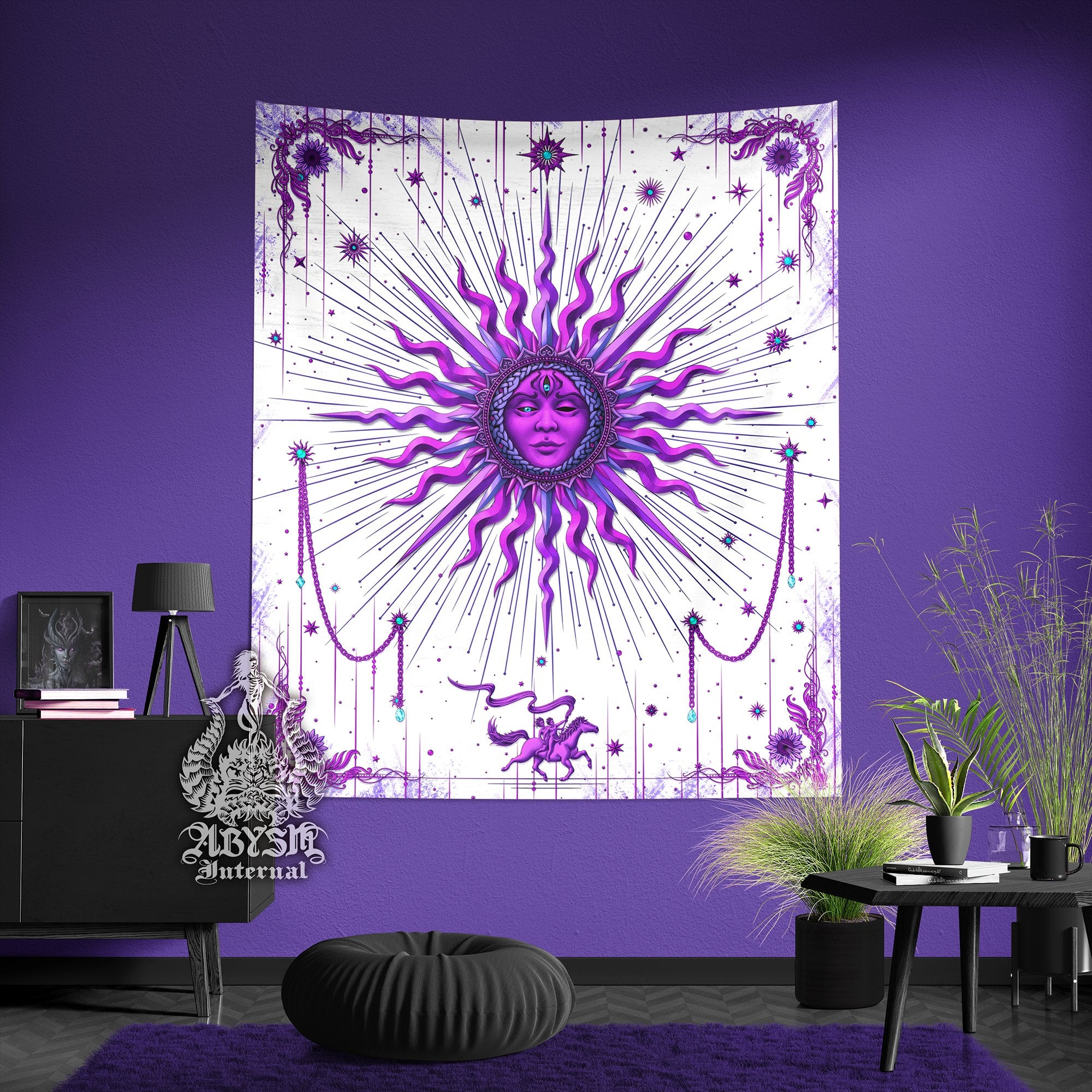 Purple Sun Tapestry, Tarot Card Arcana Wall Hanging, White Goth Witchy Home, Magic and Esoteric Art, Gothic Witch's Room Decor, Vertical Print - Abysm Internal