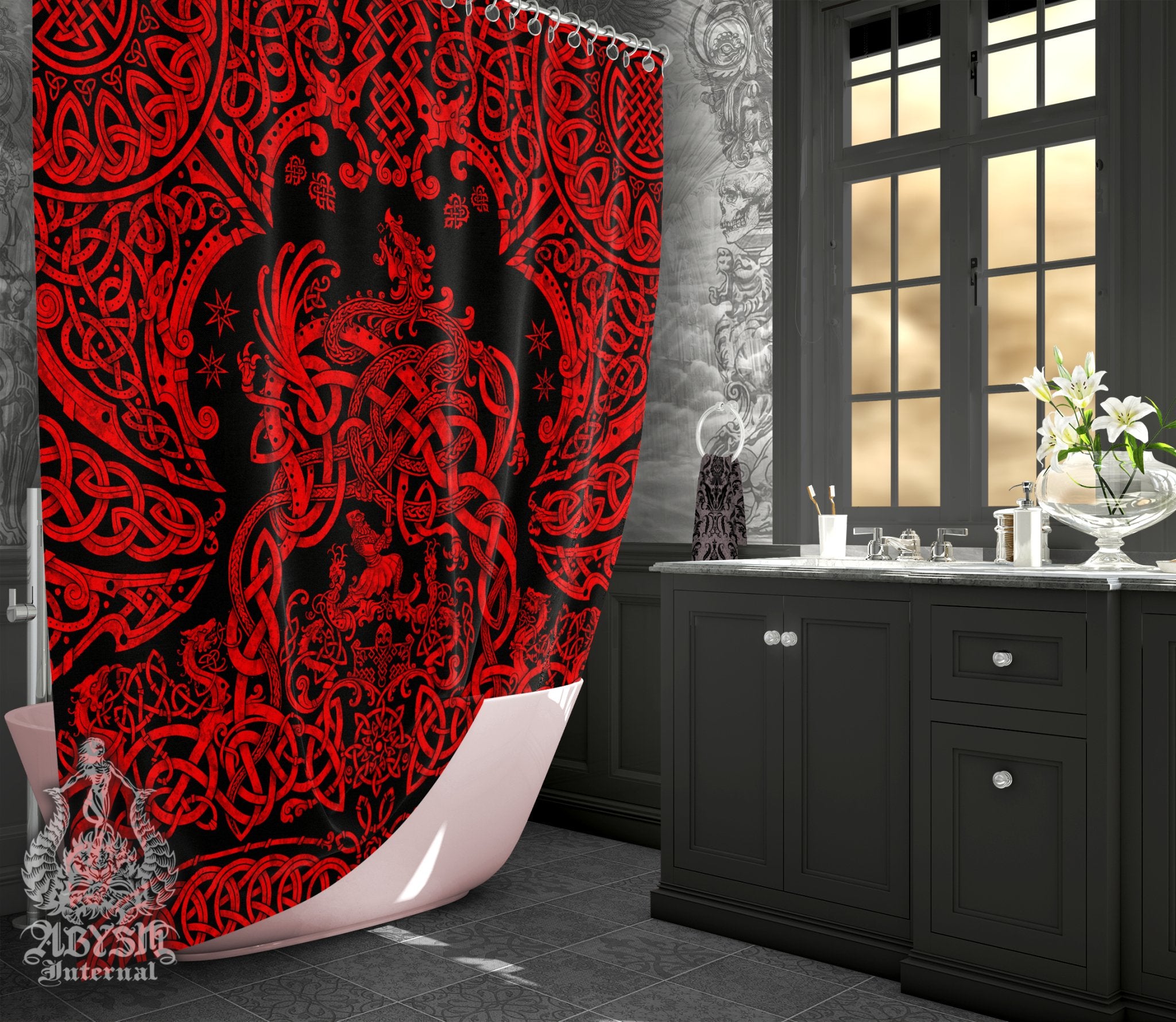 Red and Black Viking Shower Curtain, 71x74 inches, Norse Art Bathroom Decor, Nordic Dragon Fafnir - Abysm Internal
