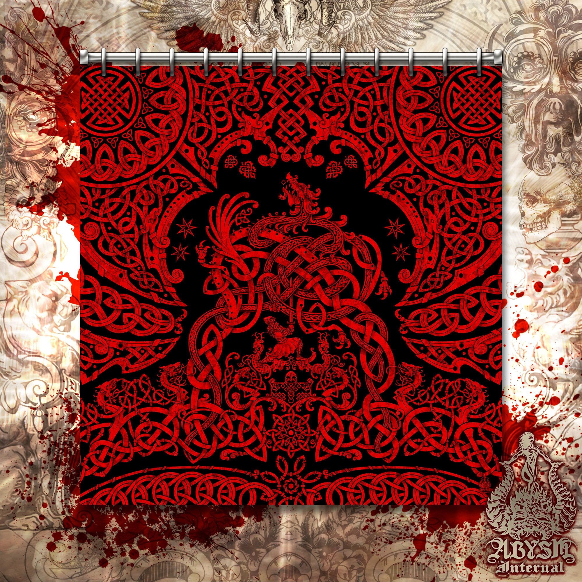 Red and Black Viking Shower Curtain, 71x74 inches, Norse Art Bathroom Decor, Nordic Dragon Fafnir - Abysm Internal