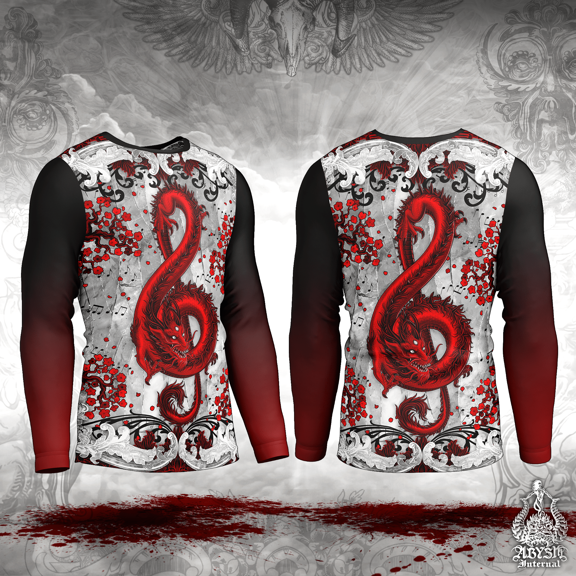 Red Asian Dragon Rash Guard - Music Treble Clef Long Sleeve Surf Shirt, Bloody White Goth Water Sports Top | Fantasy Art UV Protection Activewear for Men and Women - Abysm Internal