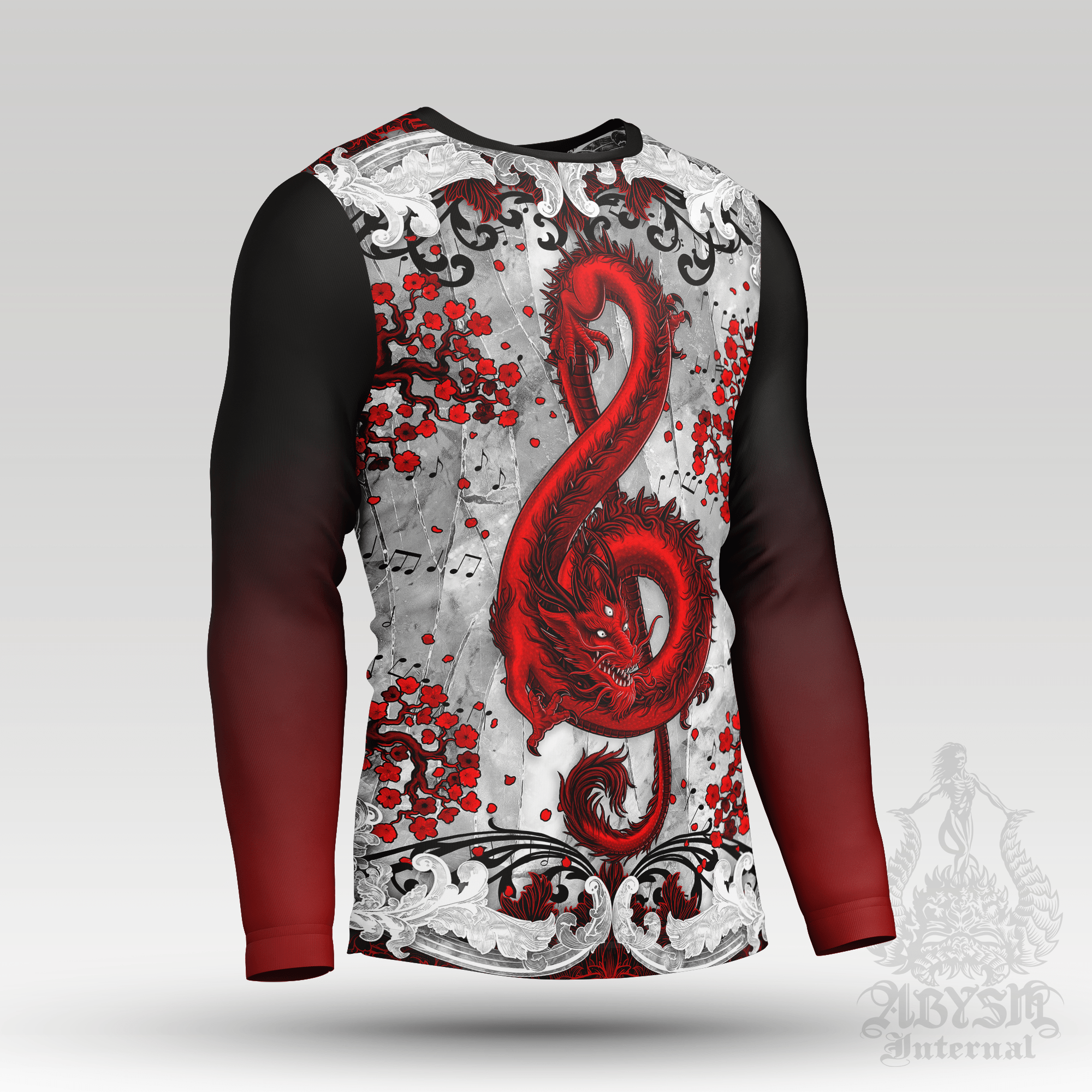 Red Asian Dragon Rash Guard - Music Treble Clef Long Sleeve Surf Shirt, Bloody White Goth Water Sports Top | Fantasy Art UV Protection Activewear for Men and Women - Abysm Internal