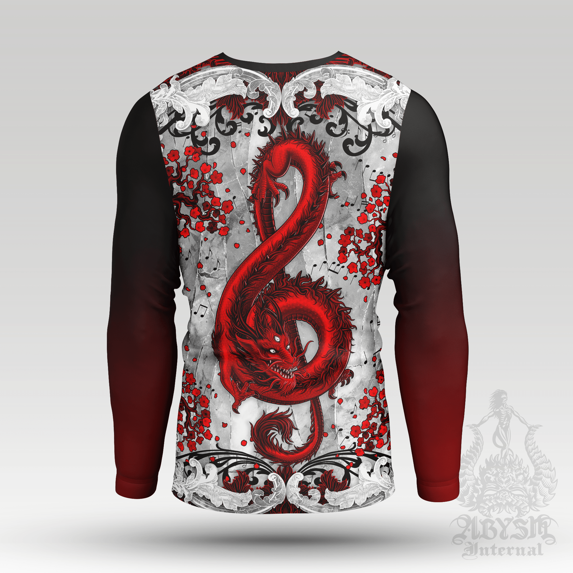 Red Asian Dragon Rash Guard - Music Treble Clef Long Sleeve Surf Shirt, Bloody White Goth Water Sports Top | Fantasy Art UV Protection Activewear for Men and Women - Abysm Internal