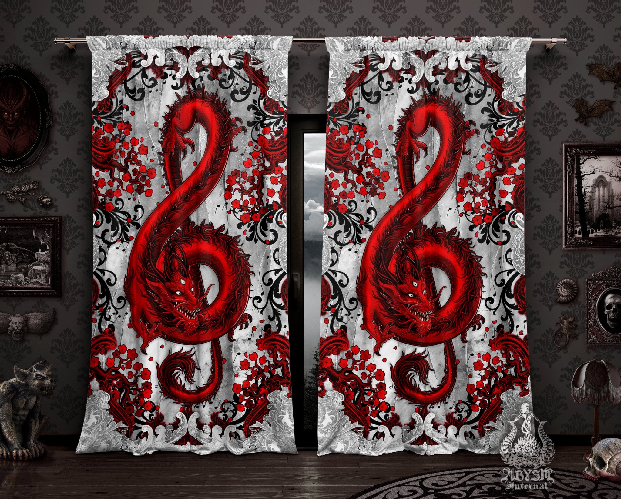 Red Dragon Curtains, 50x84' Printed Window Panels, Treble Clef, Music Art Print, Gothic Home Decor - Bloody White Goth - Abysm Internal