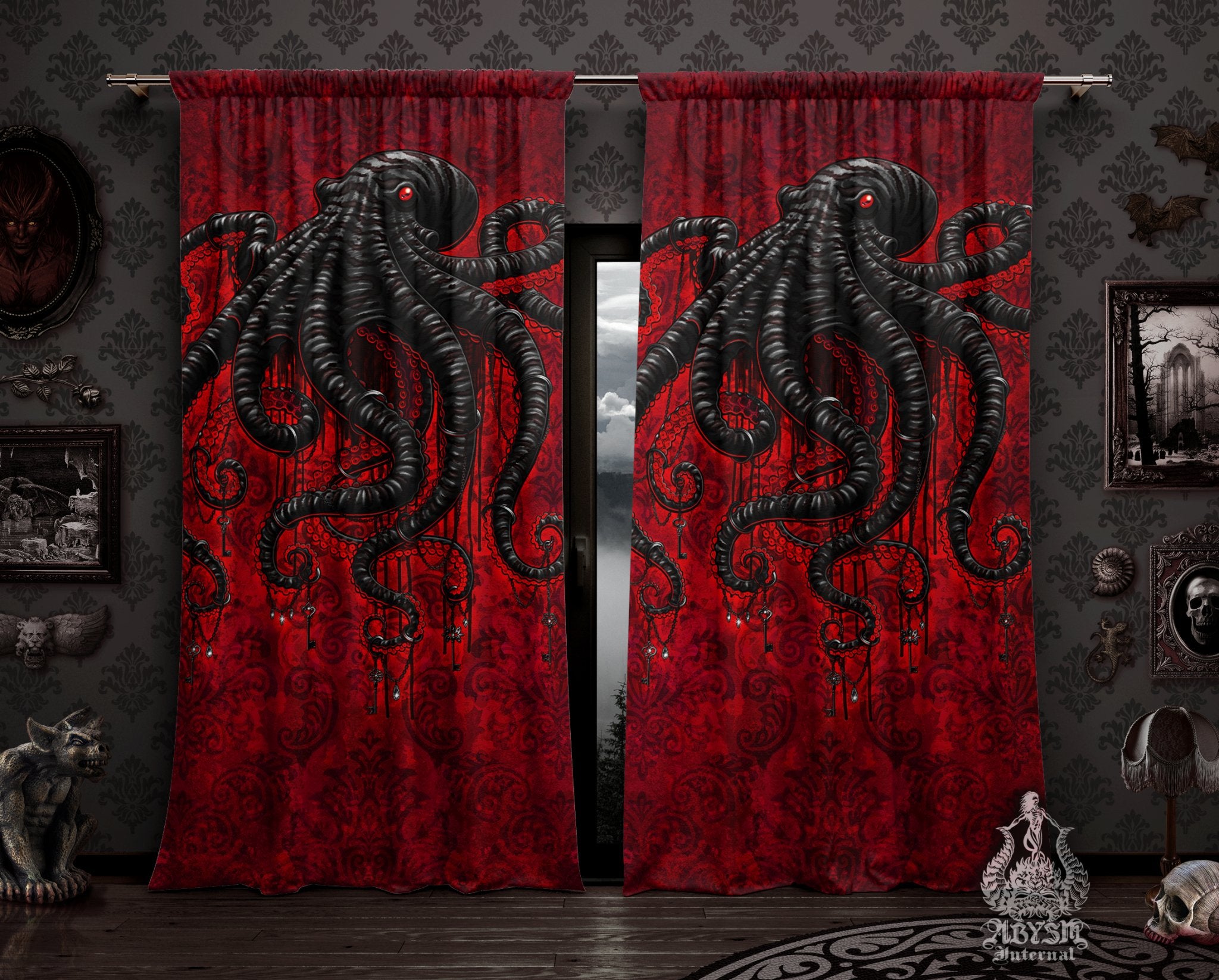 Red Gothic Curtains, 50x84' Printed Window Panels, Octopus Art Print, Goth Home Decor - Bloody Black - Abysm Internal