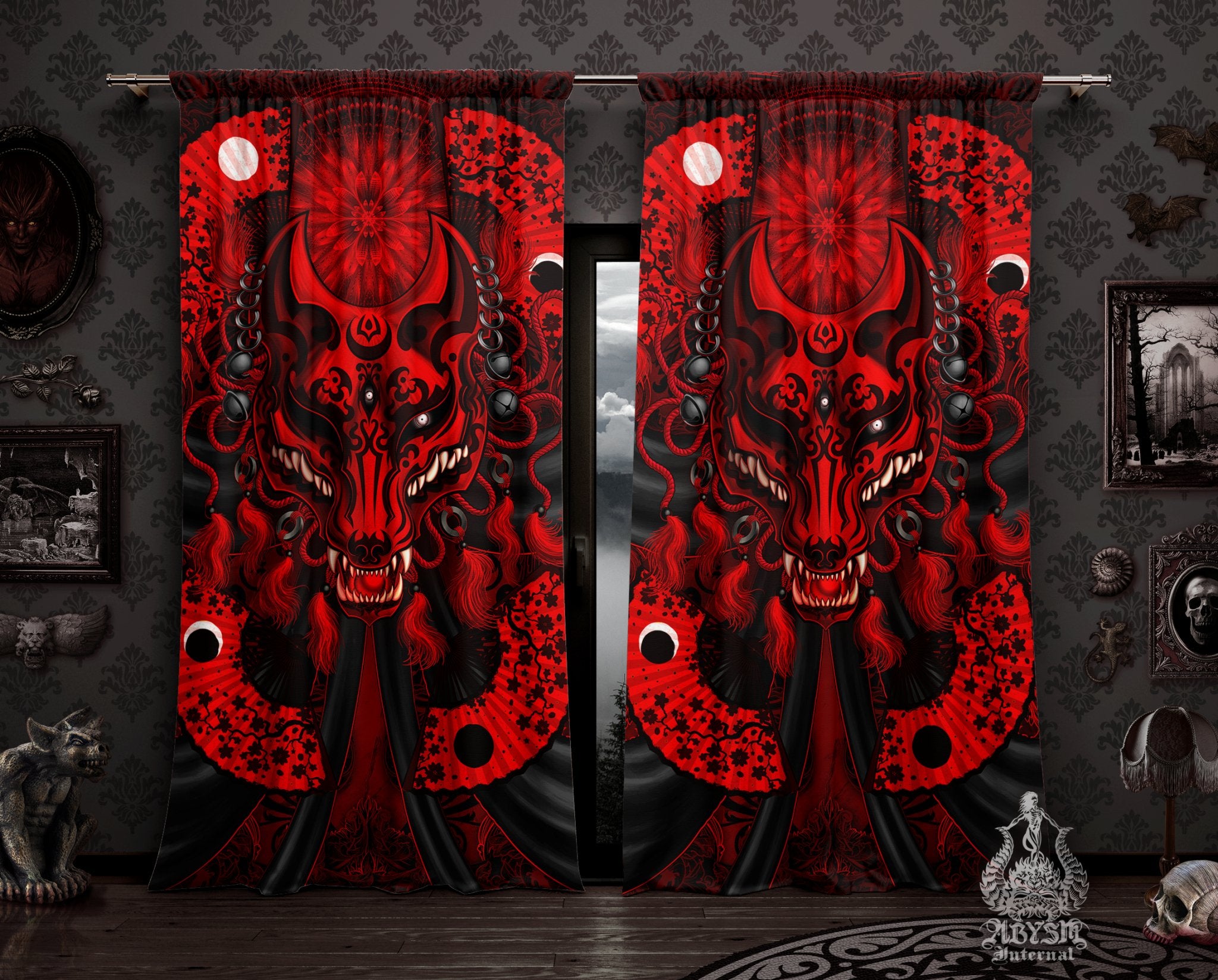 Red Kitsune Curtains, 50x84' Printed Window Panels, Japanese Decor, Anime Art Print, Okami - Bloody Black - Abysm Internal