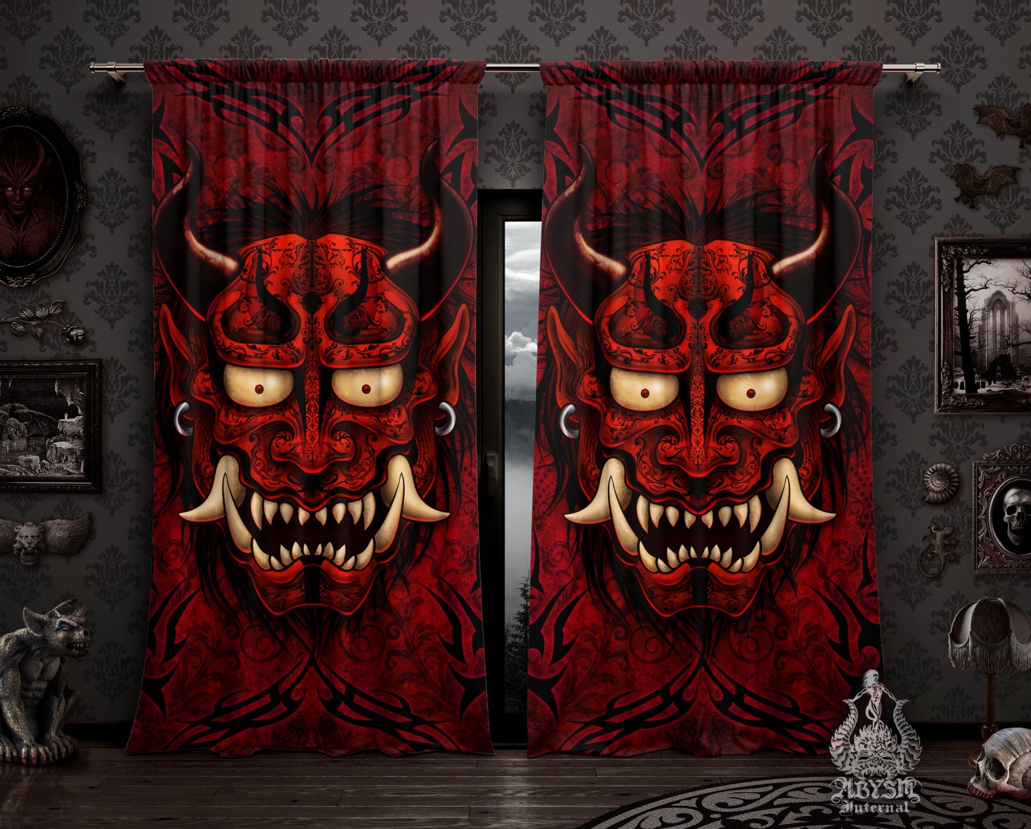 Red Oni Curtains, 50x84' Printed Window Panels, Japanese Demon, Gothic Home Decor, Art Print - Black - Abysm Internal
