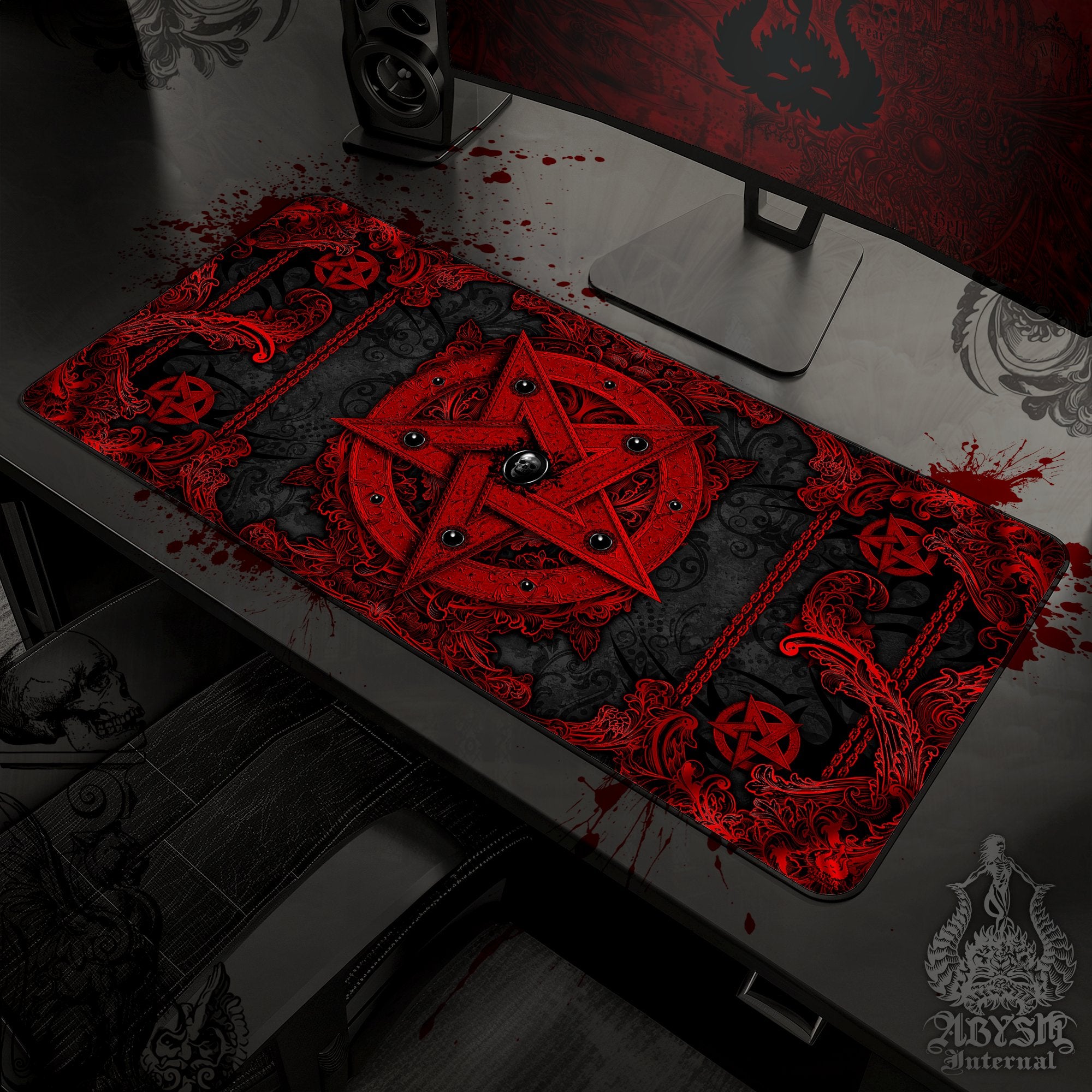 Red Pentagram Gaming Mouse Pad, Satanic Desk Mat, Bloody Gothic Table Protector Cover, Heavy Metal Workpad, Art Print - 4 Options - Abysm Internal
